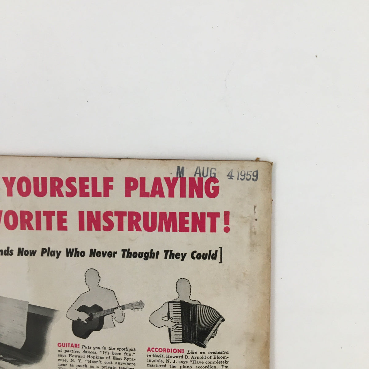 Close-up of the back cover of 1000 Jokes Magazine No. 91 September 1959 showcasing the ad for music lessons with the title 'PICTURE YOURSELF PLAYING YOUR FAVORITE INSTRUMENT!'