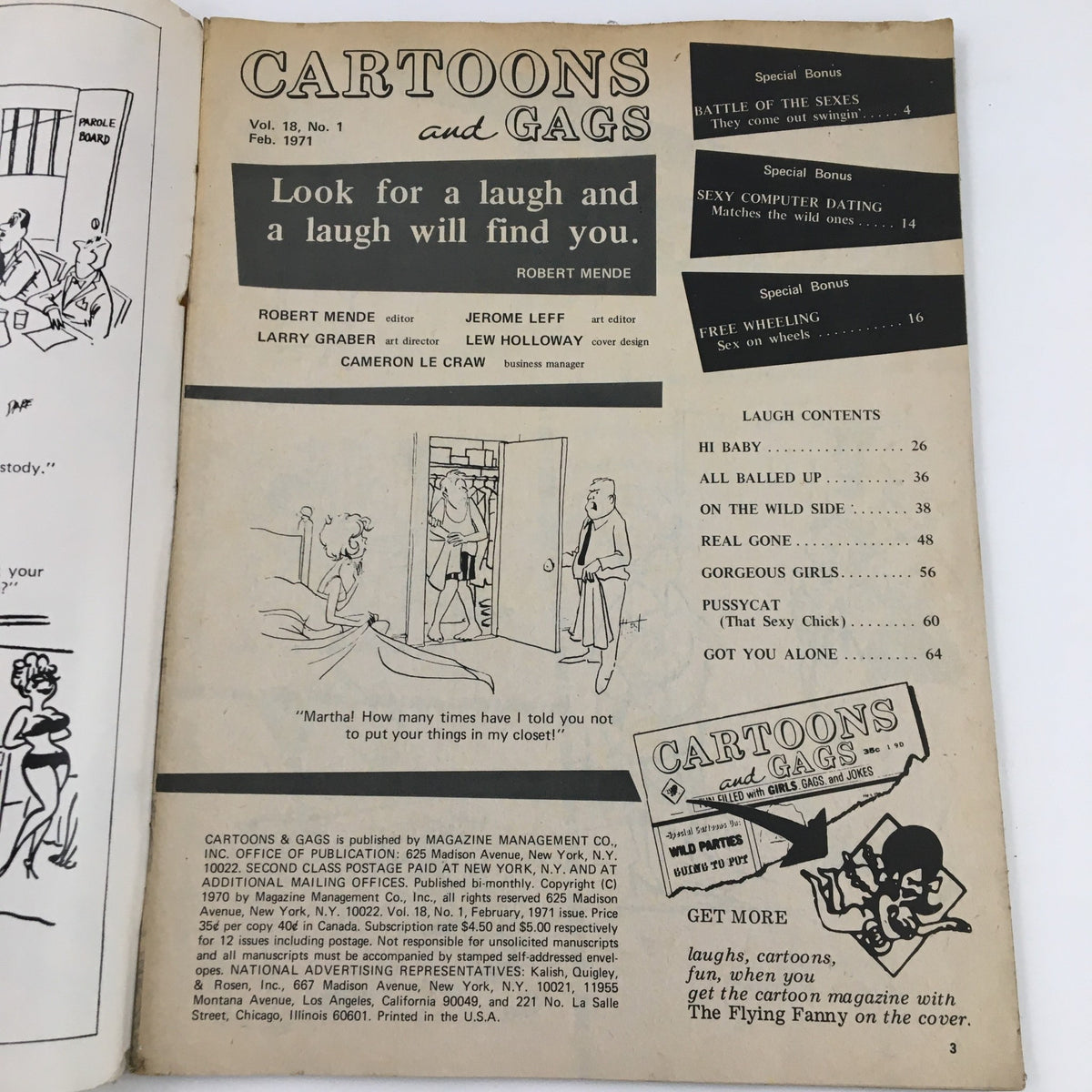 Inside cover of Cartoons & Gags Magazine February 1971 featuring the magazine's title and details about content such as 'Sexy Computer Dating' and 'Battle of the Sexes'.