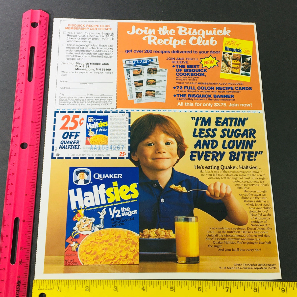VTG Retro 1983 Quaker Halfsies Sugar-Coated Cereal advertisement featuring a young child enjoying the cereal, along with a Bisquick Recipe Club coupon, showcasing nostalgic branding and promotional offers.