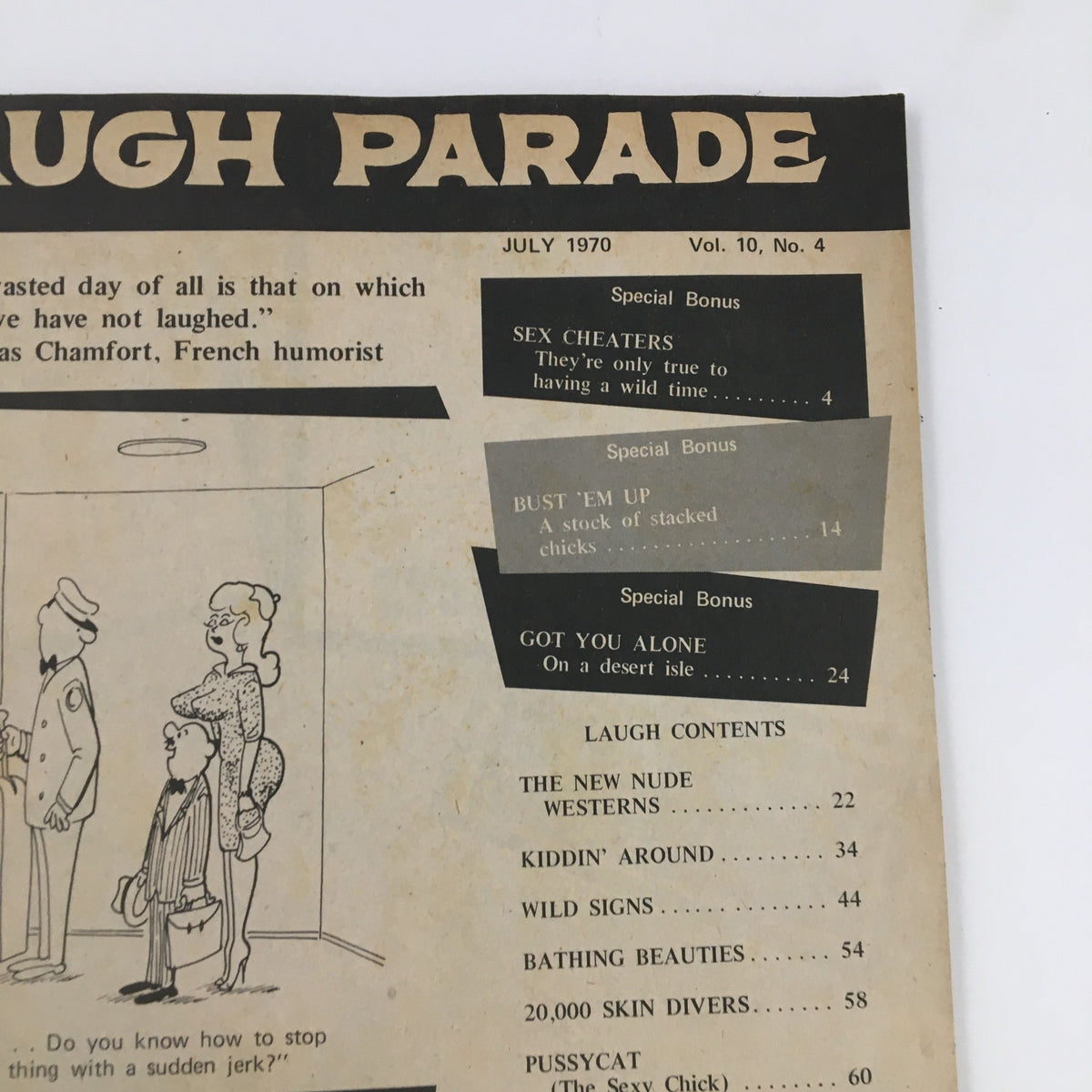 Close-up of Laugh Parade Magazine July 1970 Vol. 10 No. 4 featuring the table of contents and 'Special Bonus' sections including 'Sex Cheaters', 'Bust 'Em Up', and 'Got You Alone' with humorous illustrations.
