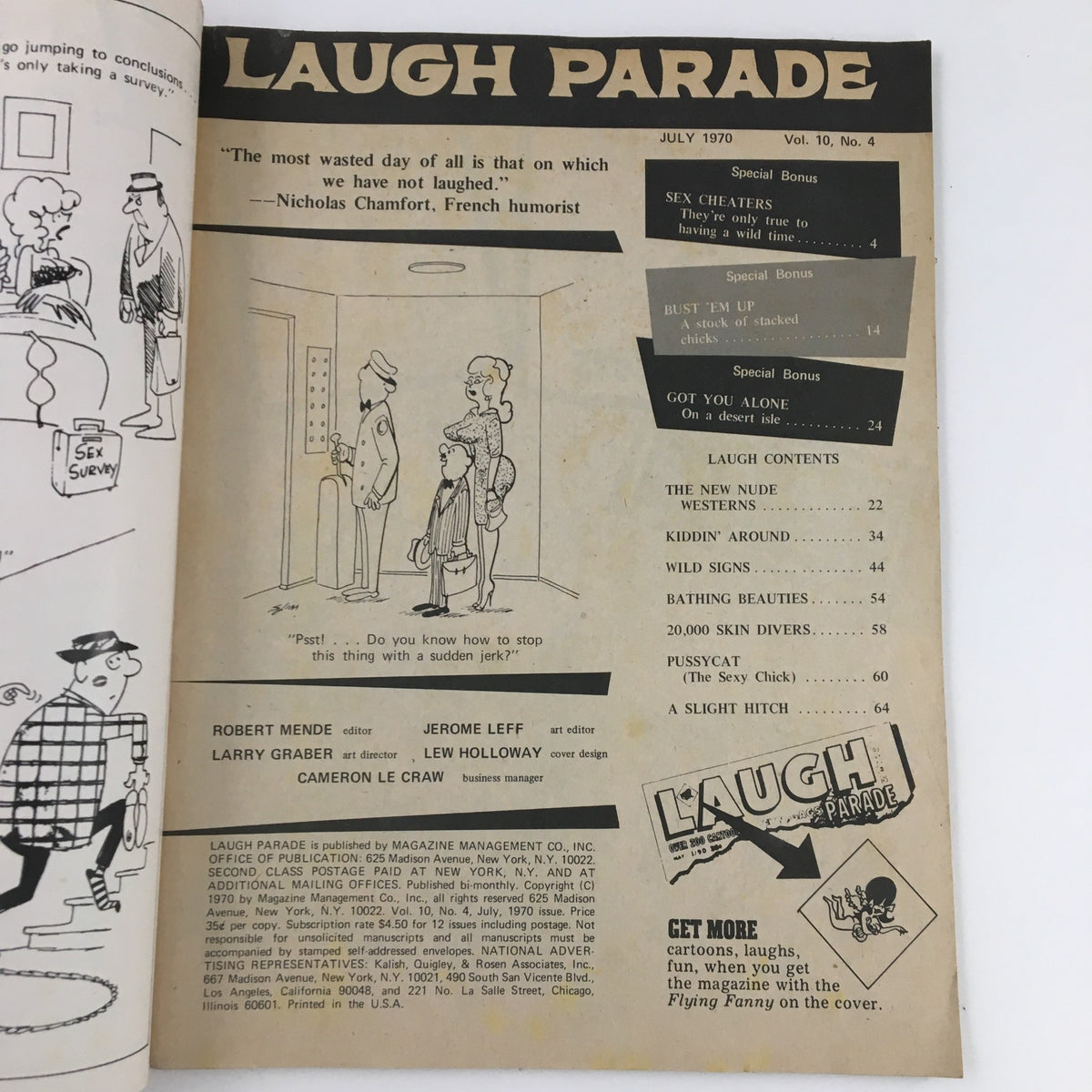 Inside spread of Laugh Parade Magazine July 1970 Vol. 10 No. 4 displaying additional content and humor cartoons, including a quote by Nicholas Chamfort, with illustrations complementing comedic themes.