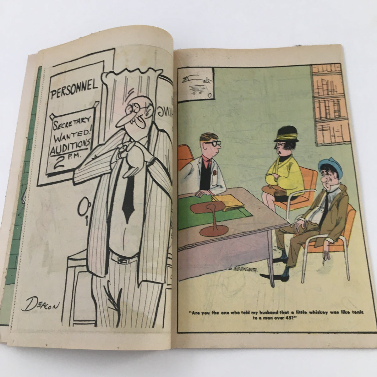 Illustration from Cartoon Carnival Magazine January 1970 featuring a quirky scene set in an office with characters responding to a 'Secretary Wanted Auditions' announcement, highlighting the magazine’s comedic take on 1970s culture.