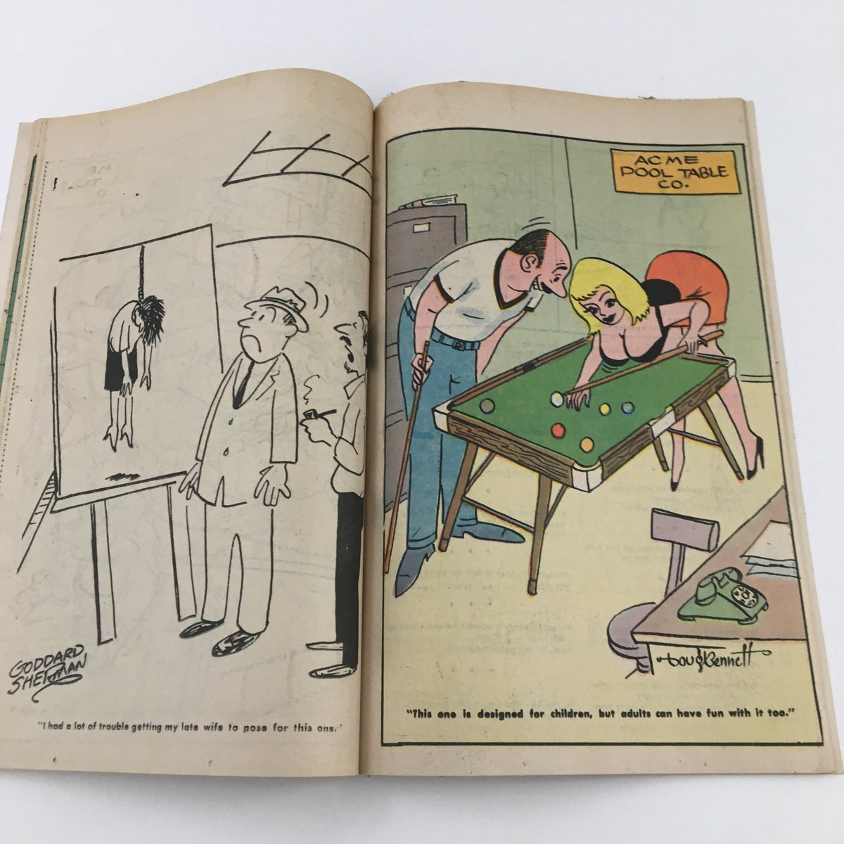 Interior pages of the Cartoon Carnival Magazine from January 1970 featuring a humorous cartoon illustration related to pool tables and secretary auditions.
