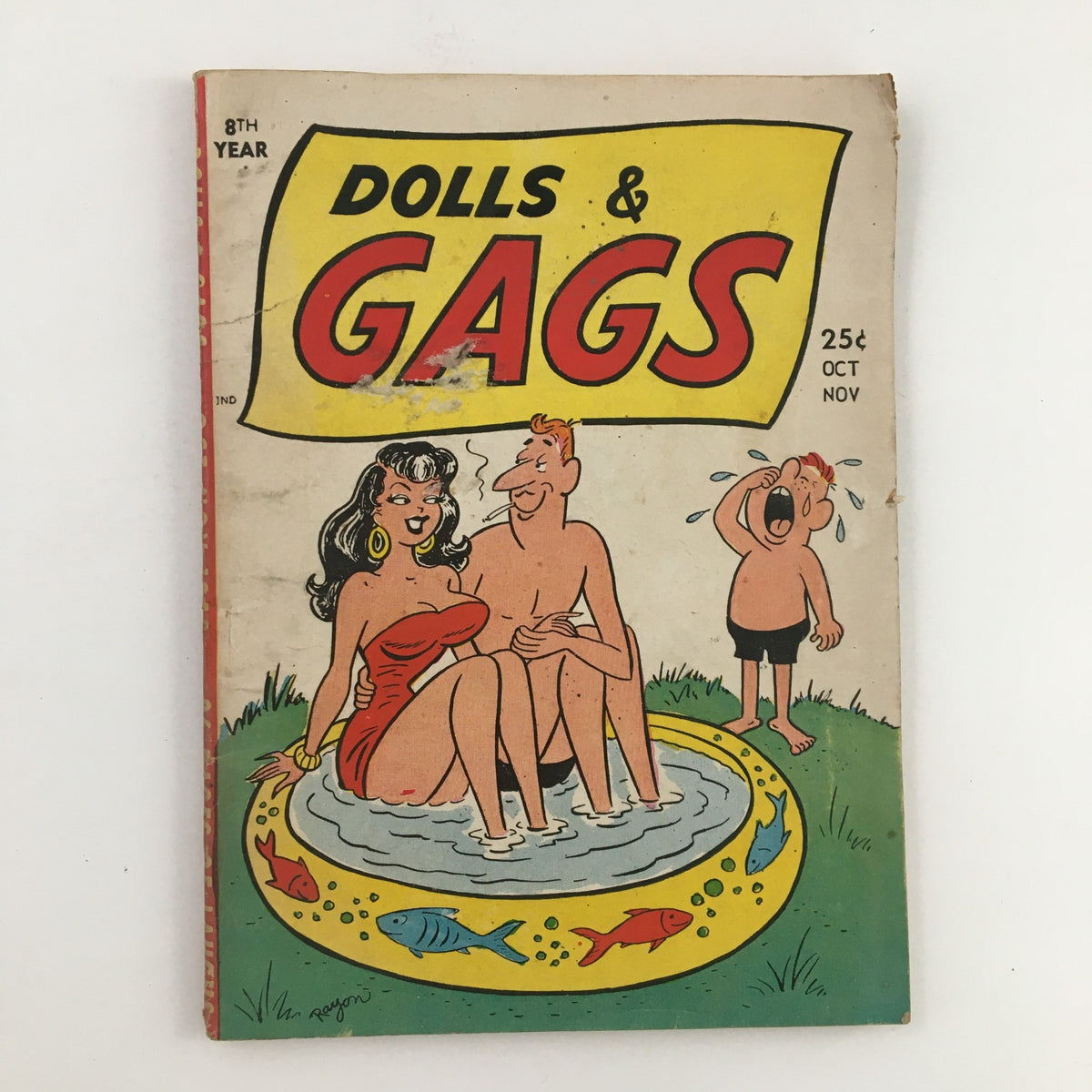 Front cover of Dolls & Gags Magazine October 1958 Vol. 4 No. 7 featuring colorful illustrations with a humorous theme, showcasing characters in a playful setting.
