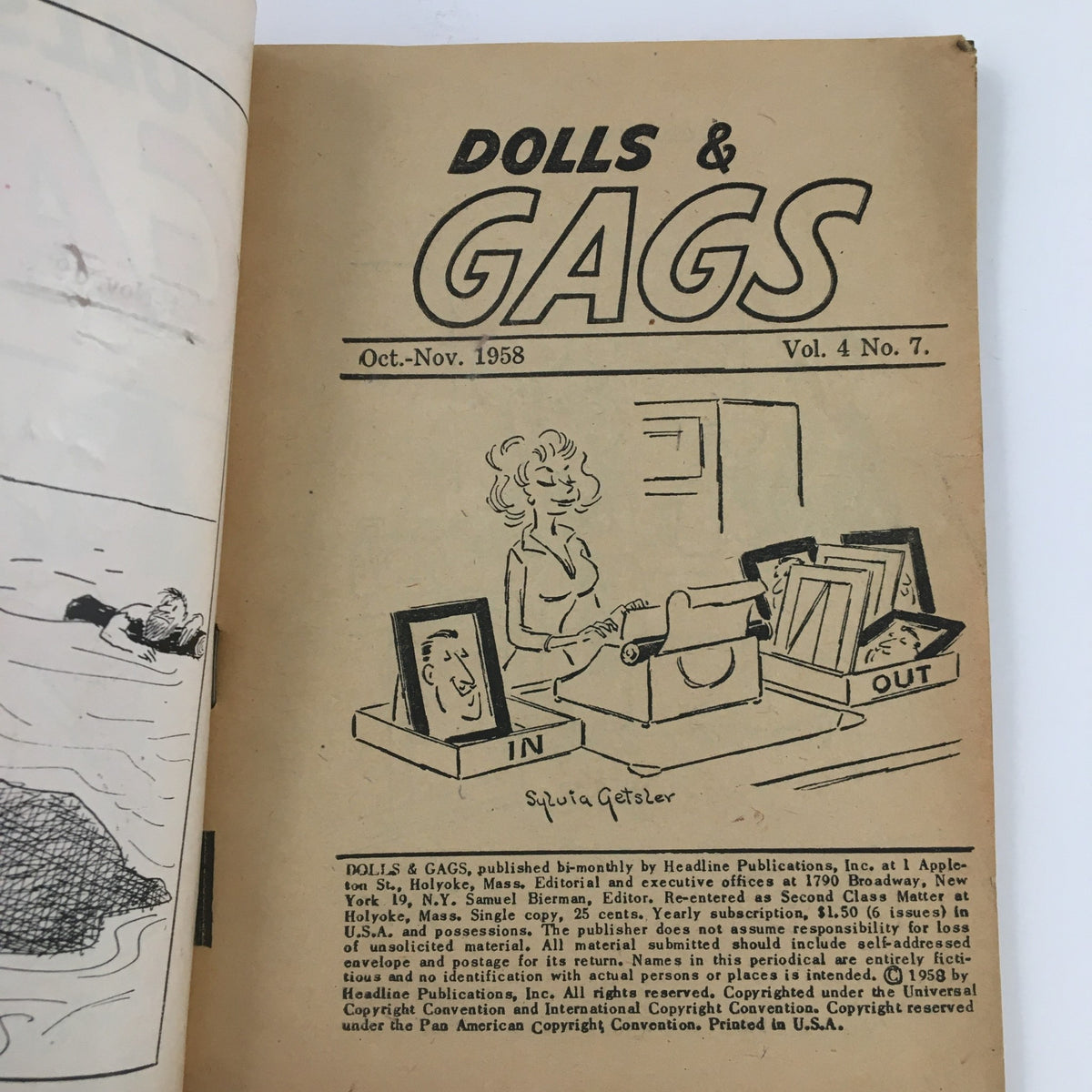 Cover page of Dolls & Gags Magazine October 1958, Vol. 4 No. 7 featuring a cartoon illustration and the title prominently displayed.