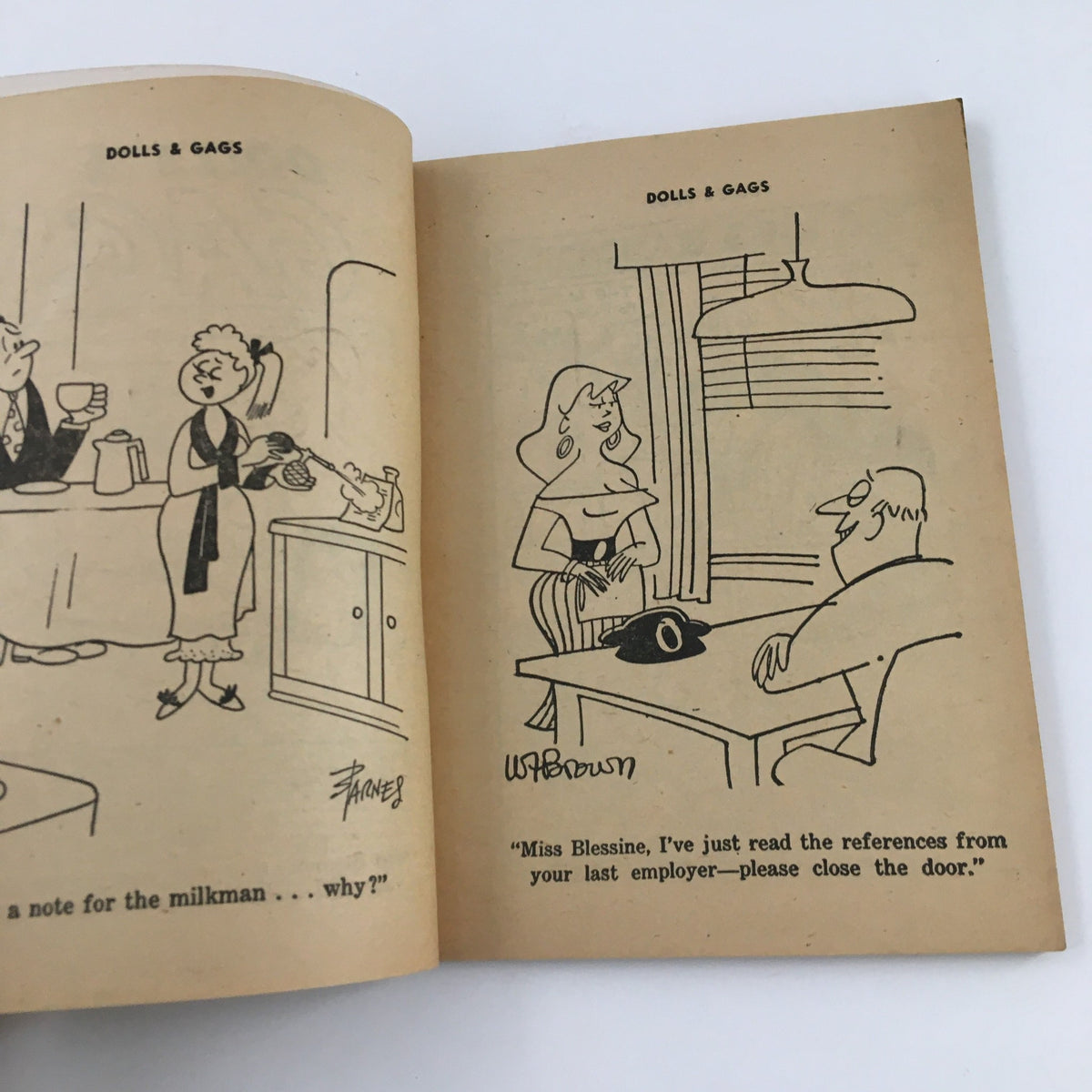 Interior page of Dolls & Gags Magazine October 1958, showing a funny cartoon strip with a humorous dialogue.