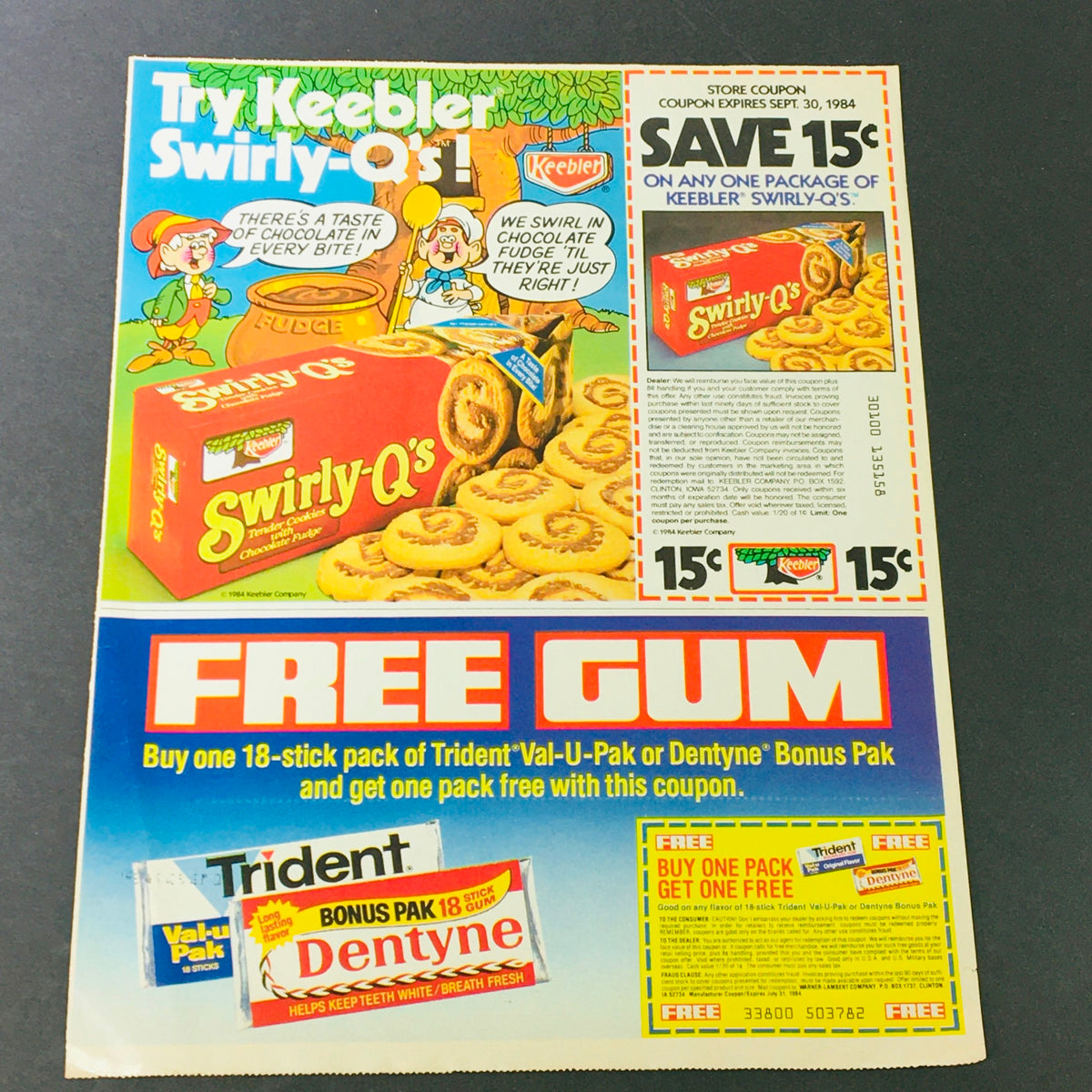 Vintage advertisement for VTG Retro 1984 Keebler Co. Swirly-Q's Tender Cookies & Dentyne Gum Ad Coupon showcasing Swirly-Q's box, promotional offer lightheartedly illustrated with Keebler characters, highlighting a 15 cent discount.