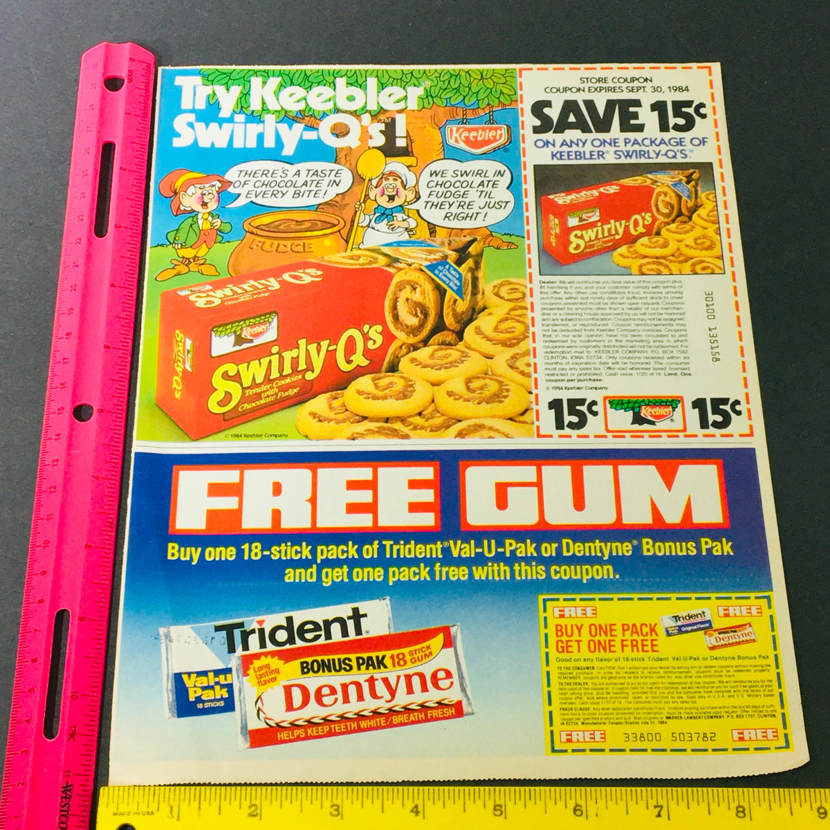 Another view of the VTG Retro 1984 Keebler Co. Swirly-Q's Tender Cookies & Dentyne Gum Ad Coupon showing the distinctive package and promotional coupon for the candy, including details about a buy one, get one free gum offer.