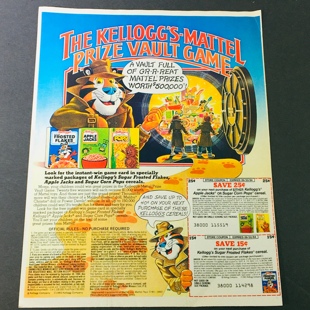 VTG Retro 1983 Kellogg's Frosted Flakes Mattel Prize Vault Game advertisement featuring colorful artwork, promotion for a vault full of prizes, and coupons for Kellogg's cereals. A nostalgic collectible from vintage magazines.