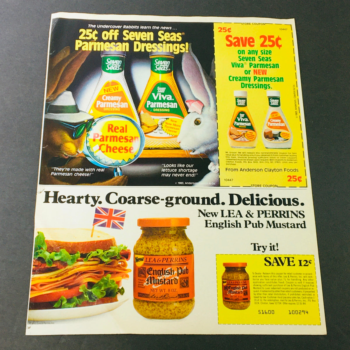 Vintage advertisement showcasing Seven Seas Parmesan Dressings coupon and Lea & Perrins English Pub Mustard, featuring playful rabbits in a 1983 Kellogg's Frosted Flakes Mattel Prize Vault Game context.