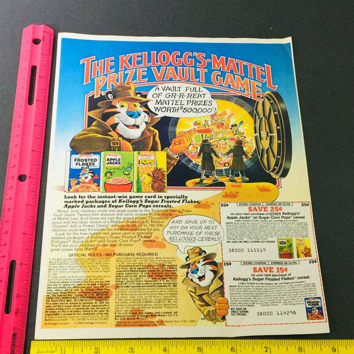 Colorful advertisement for the Kellogg's-Mattel Prize Vault Game featuring Tony the Tiger and various Kellogg's cereals, promoting collectible prizes from the 1983 campaign.