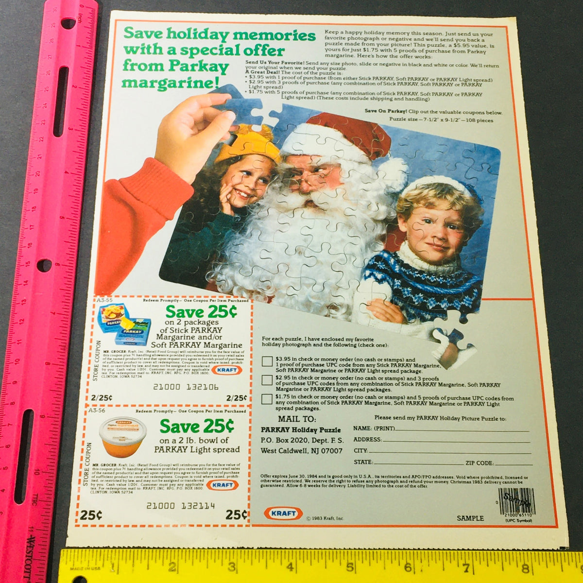 VTG Retro 1983 Kraft from Parkay Margarine Holiday Puzzle Print Ad showcasing a special offer with Santa and children, including coupons.