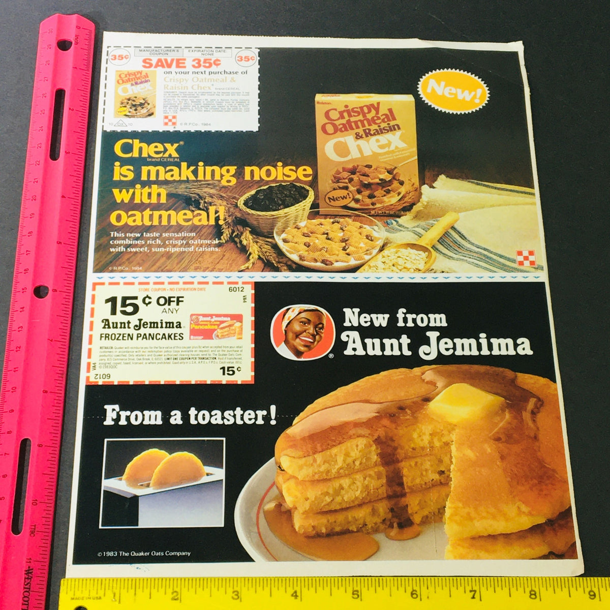 VTG Retro 1983 Aunt Jemimas Frozen Pancakes & Chex Crispy Oatmeal Ad Coupon highlighting a promotion for Chex and Aunt Jemima pancakes, with a vibrant image of pancakes and promotional coupons.