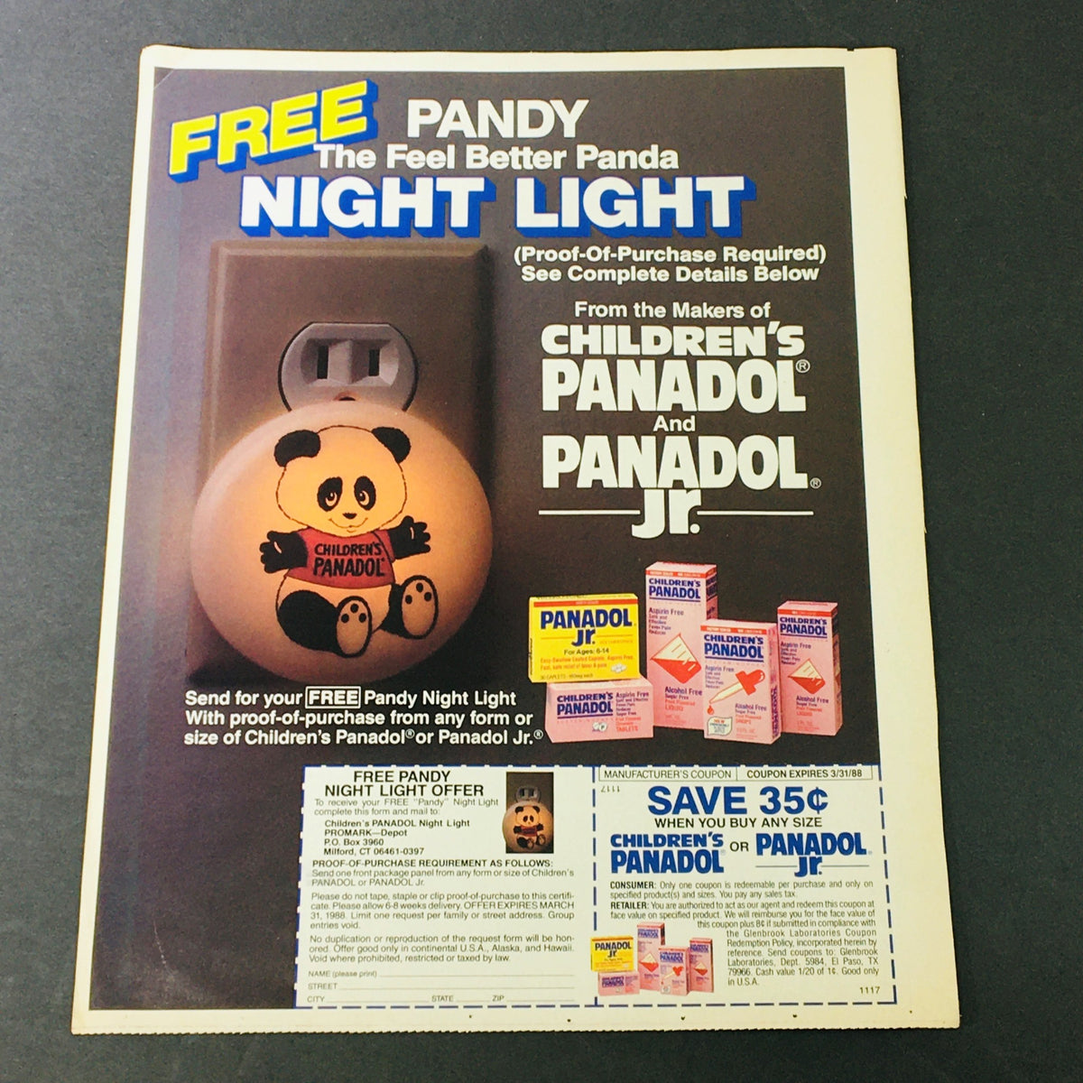 Vintage 1987 advertisement for Children's Panadol and Panadol Jr. featuring a FREE Pandy Night Light offer. It shows a panda-themed night light and related products, highlighting a coupon with savings details.