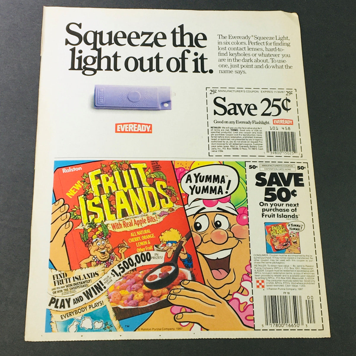 Vintage advertisement featuring Eveready Squeeze Light, highlighting the promotion to 'Squeeze the light out of it'. The ad is in good condition with measurements included alongside the promotional offer.