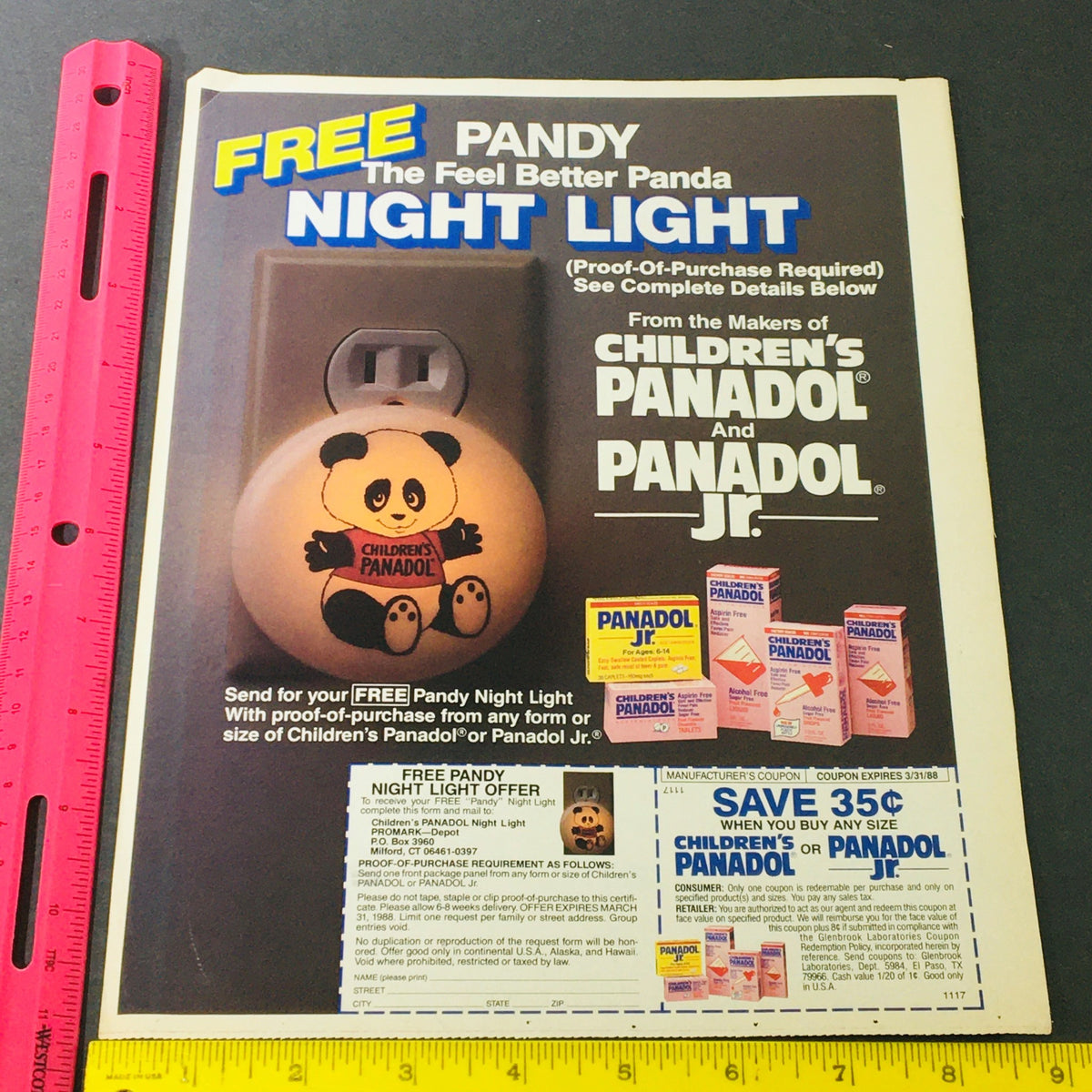 Vintage 1987 Children's Panadol & Panadol Jr. FREE Pandy Night Light advertisement coupon. Showcasing a cute panda design, the coupon details offers for a free night light with proof of purchase.