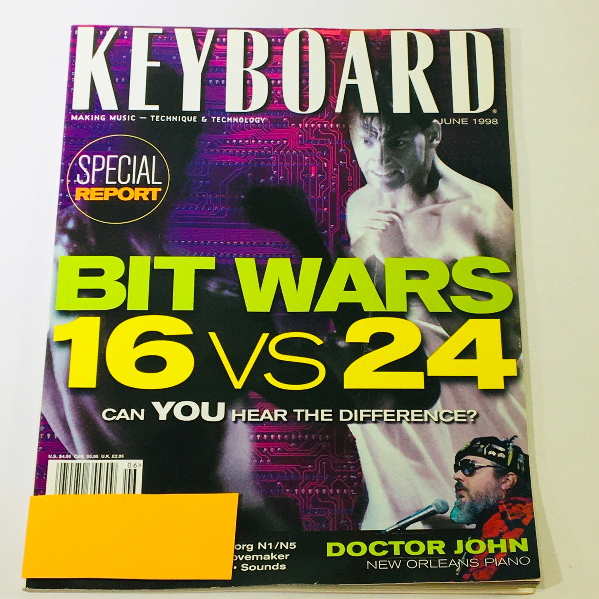 Cover of Keyboard Magazine June 1998 featuring the title 'Bit Wars 16 vs 24' with a special report, and a feature on Doctor John and his New Orleans piano style. The vibrant graphic design reflects the music technology theme of the era.
