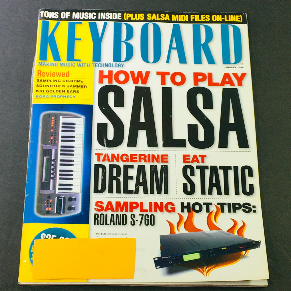 Keyboard Magazine cover from January 1996 featuring articles on How To Play Salsa, Tangerine Dream, and Eat Static, showcasing a vintage synthesizer and sampling technology.