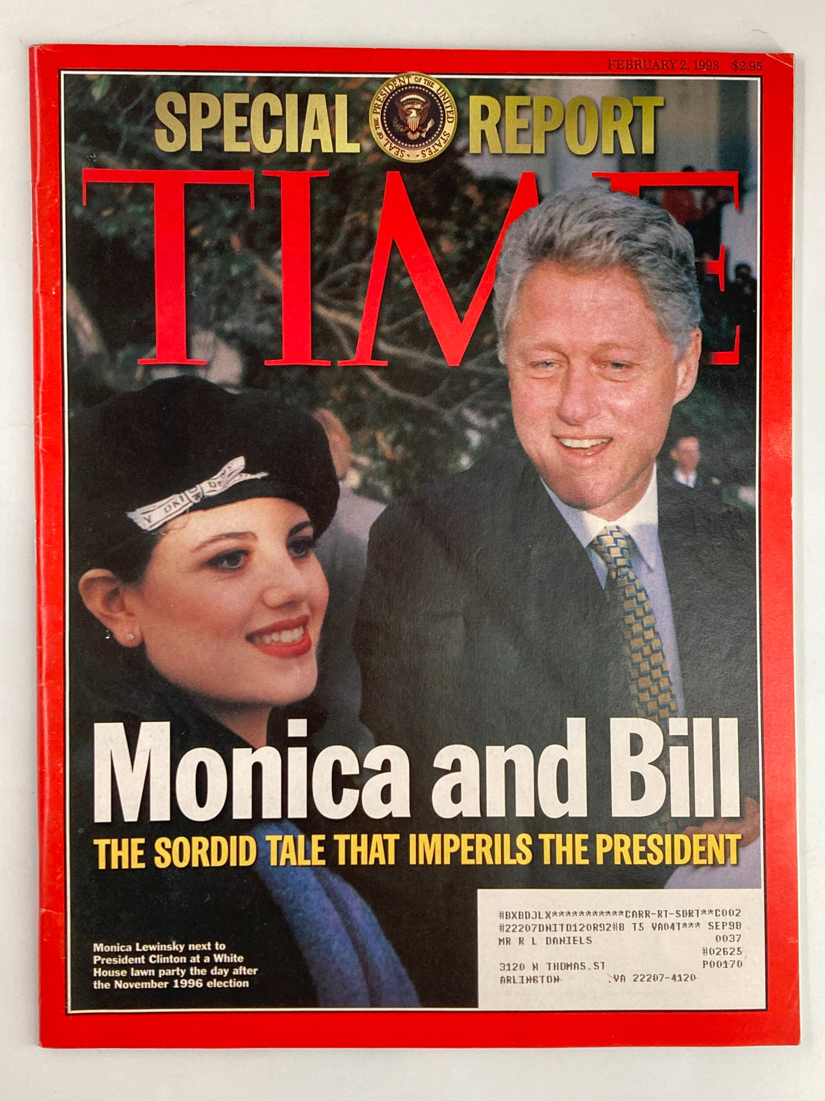 Time Magazine February 2 1998 cover featuring President Bill Clinton and Monica Lewinsky, highlighting the iconic story 'Monica and Bill: The Sordid Tale That Imperils the President'.