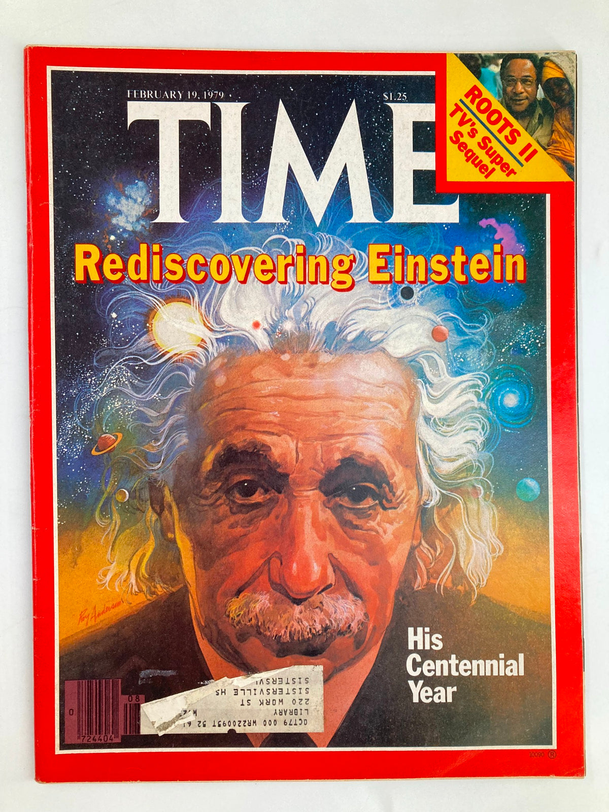 Cover of VTG Time Magazine from February 19, 1979, featuring Albert Einstein, celebrating his centennial year with the title 'Rediscovering Einstein' and vibrant space-themed artwork.