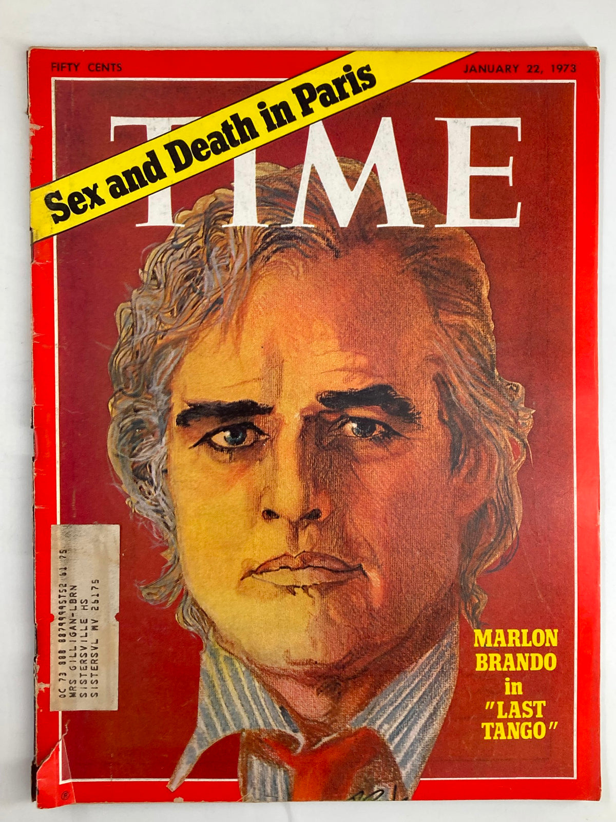 Cover of VTG Time Magazine January 22, 1973 featuring Marlon Brando in 'Last Tango', showcasing the iconic artwork and the headline 'Sex and Death in Paris'.
