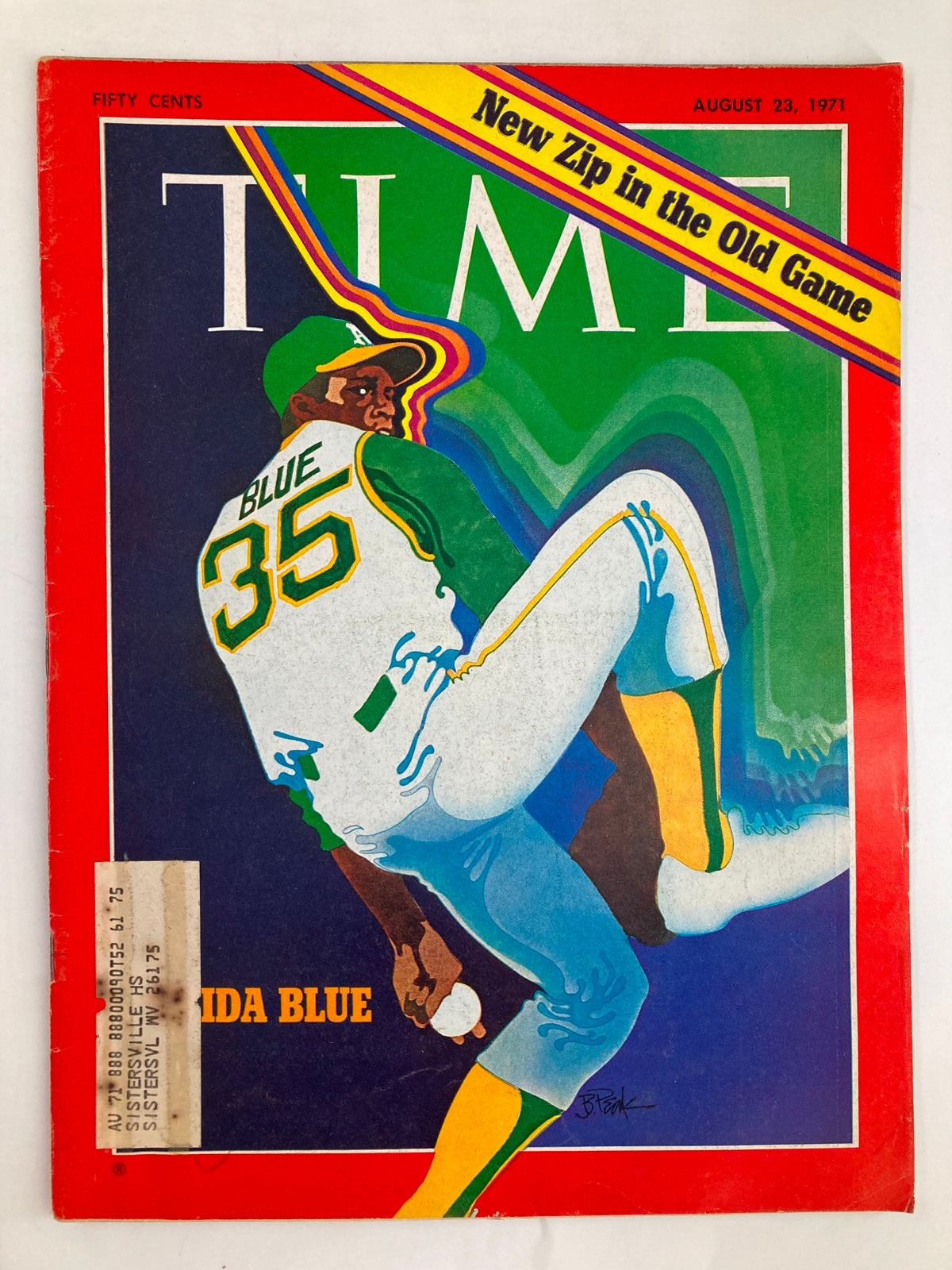Vintage Time Magazine from August 23, 1971, featuring a colorful illustration of Vida Blue in action as a pitcher, with the headline 'New Zip in the Old Game', highlighting his significance in baseball history.