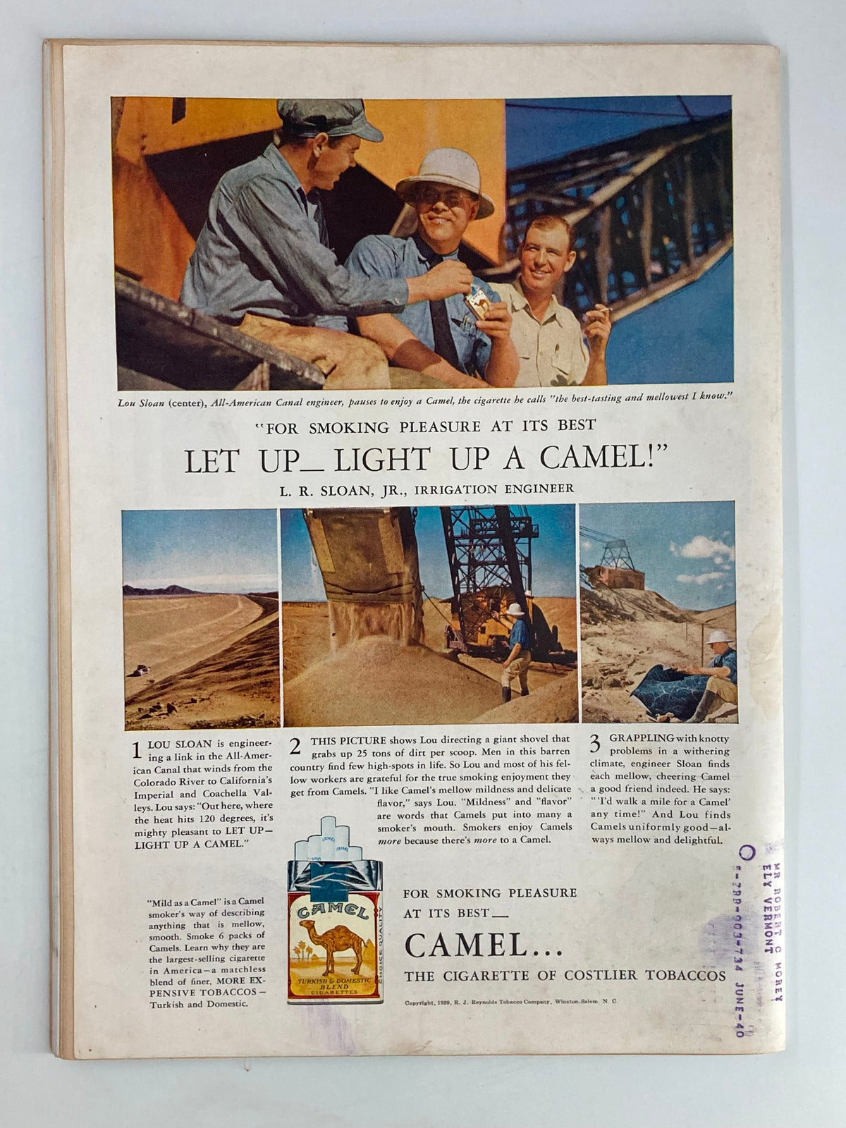 Back cover of the June 5, 1939 Vintage Time Magazine, featuring an advertisement for Camel cigarettes, highlighting Lou Sloan, an All-American Canal engineer.