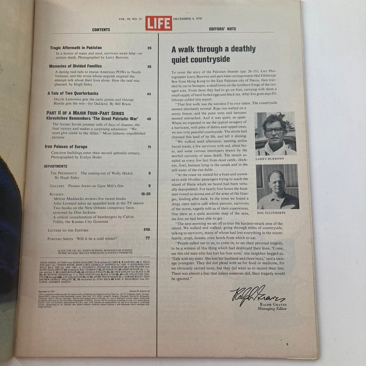 Table of contents page from VTG Life Magazine December 4, 1970, showcasing article highlights and contributors.