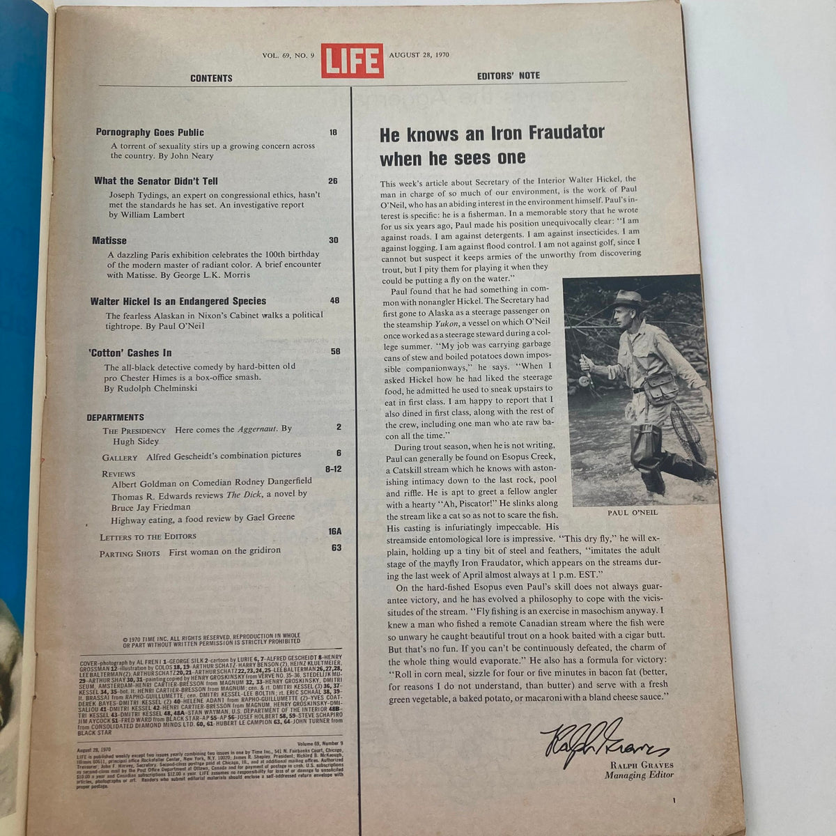 Contents page of VTG Life Magazine August 28, 1970, detailing articles including 'Pornography Goes Public' and featuring the magazine's volume and issue number.
