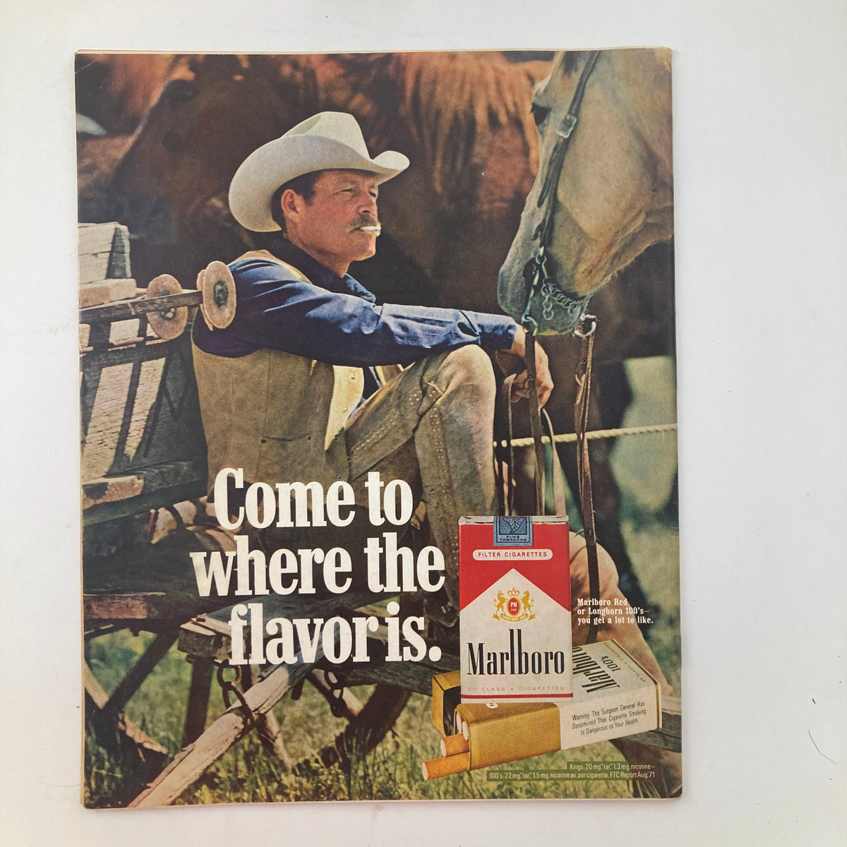 Advertisement page from VTG Life Magazine November 12 1971, featuring a vintage Marlboro cigarette ad with a cowboy, highlighting the theme 'Come to where the flavor is'.
