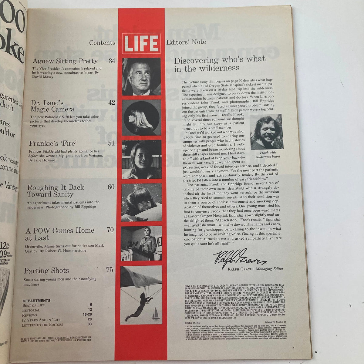 Contents page of VTG Life Magazine October 27 1972, highlighting articles including Dr. Land's Magic Camera and other features.