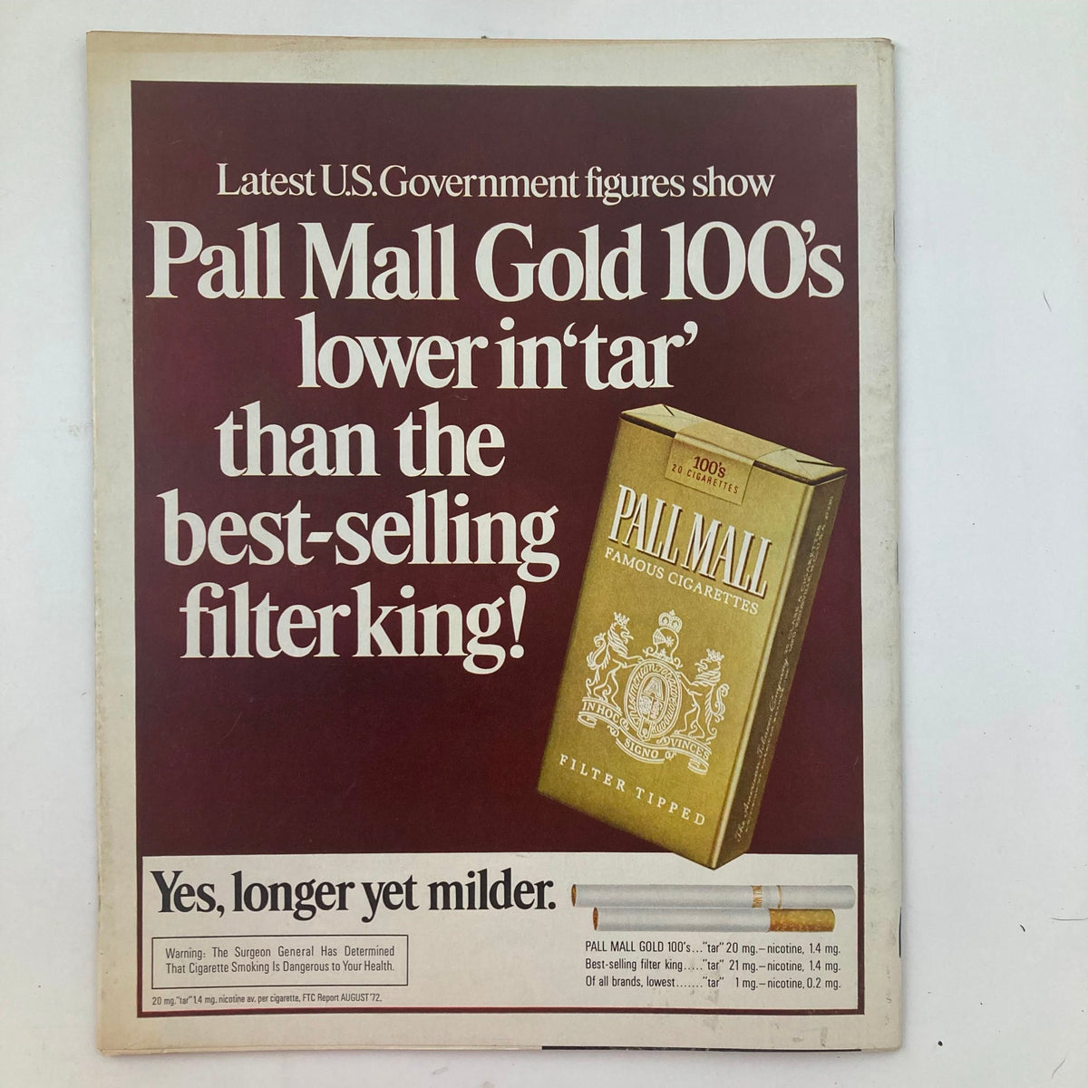Back cover of VTG Life Magazine October 27 1972 showcasing an advertisement for Pall Mall Gold cigarettes, emphasizing lower tar levels.