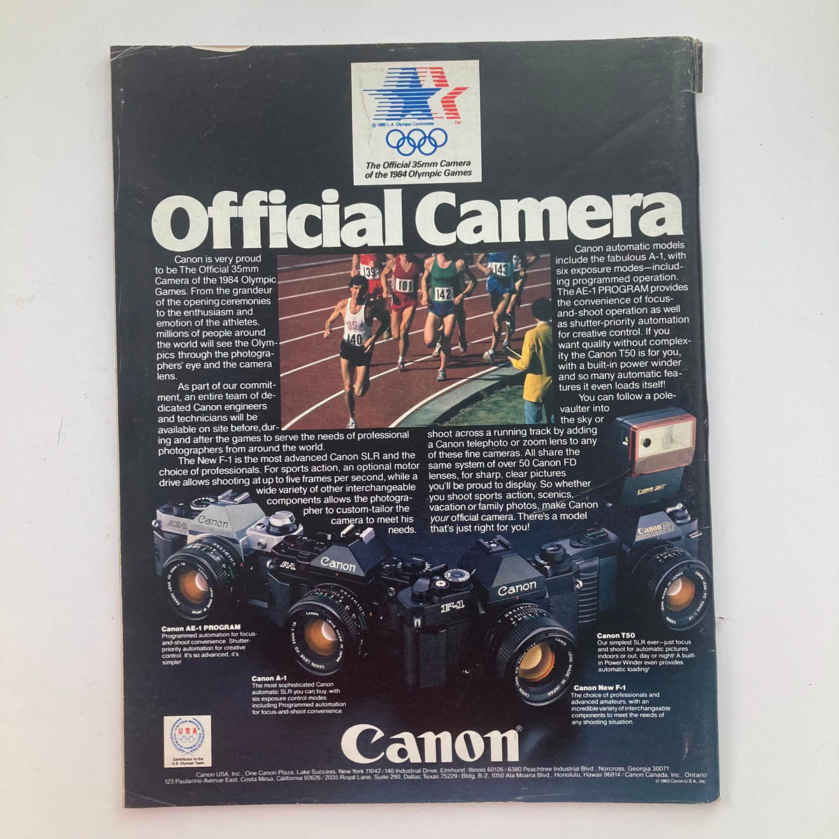 Life Magazine May 1984 Vol 7 No. 5 advertisement for Canon cameras as the official camera of the 1984 Olympic Games, showcasing different models and features.