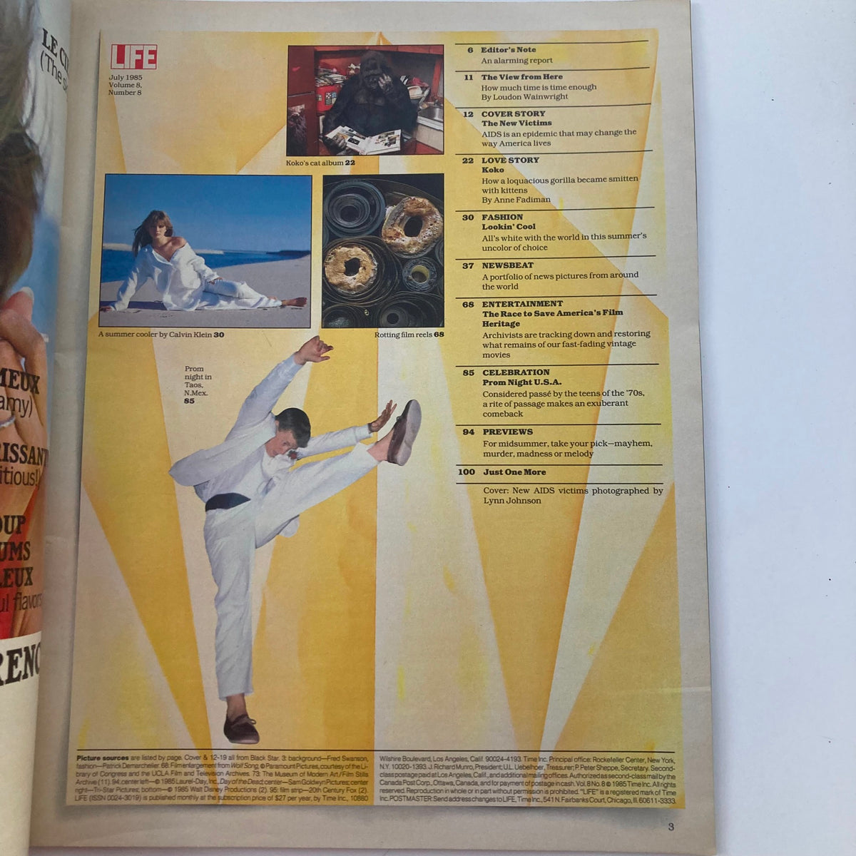 Contents page of VTG Life Magazine July 1985 Vol 8 No. 8, highlighting articles including Koko the Gorilla.