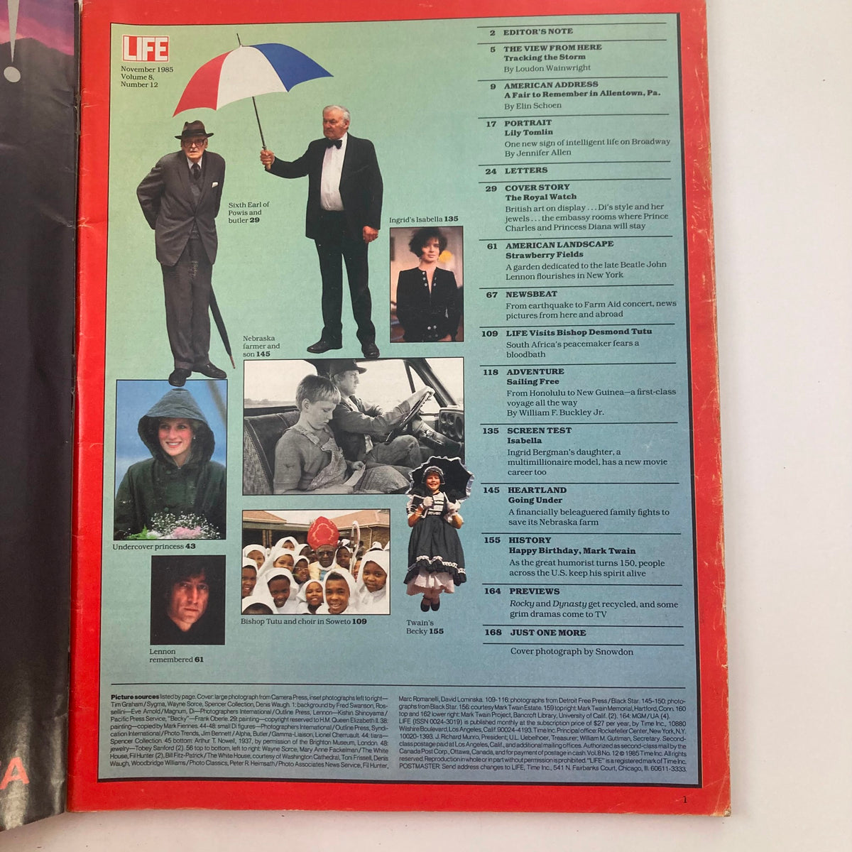 Interior page of VTG Life Magazine November 1985 Vol 8 No. 12 featuring articles and images related to Princess Diana, including the cover story and editor's note.