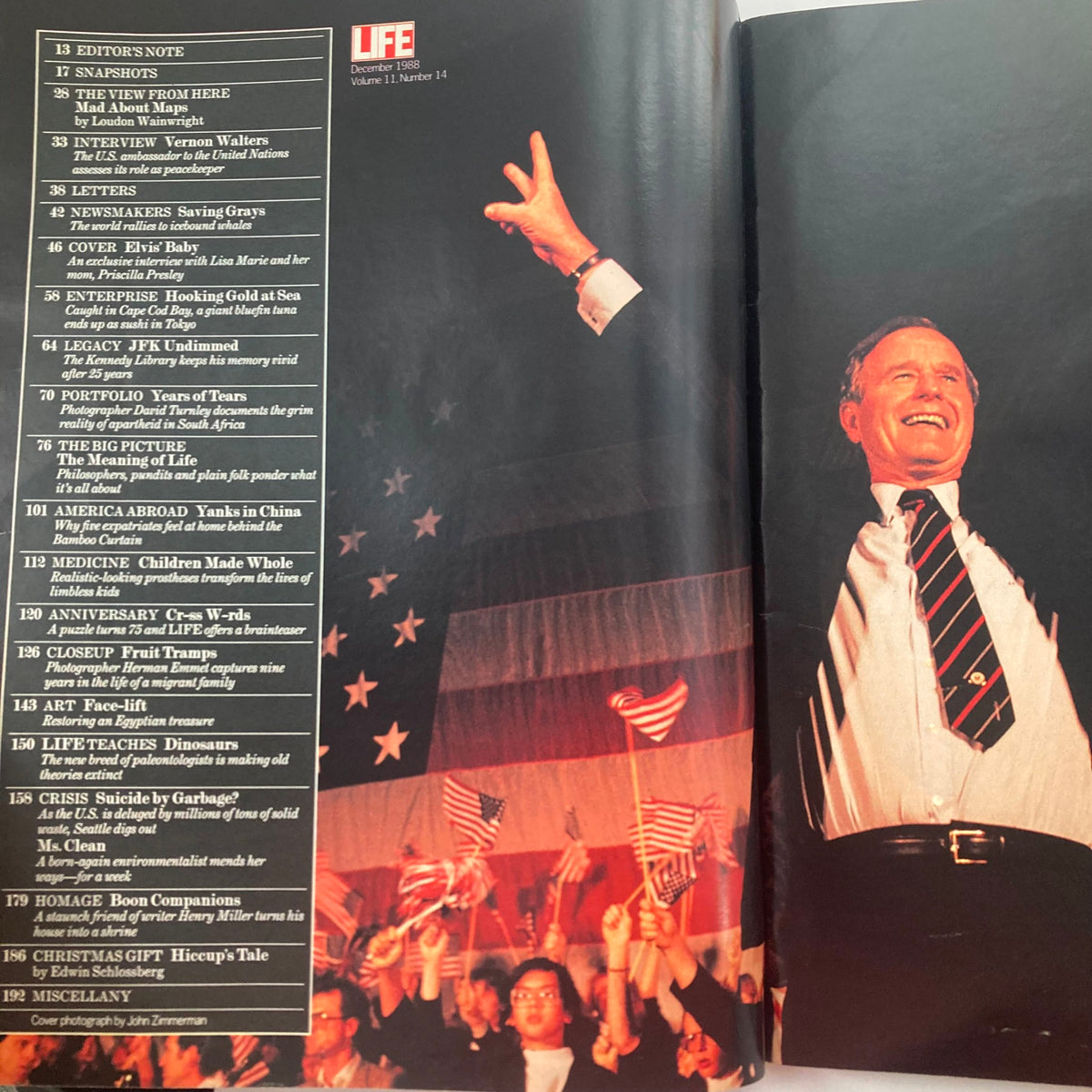 Inside spread of VTG Life Magazine December 1988, Volume 11, Number 14, showcasing various features including an interview with Lisa Marie Presley.