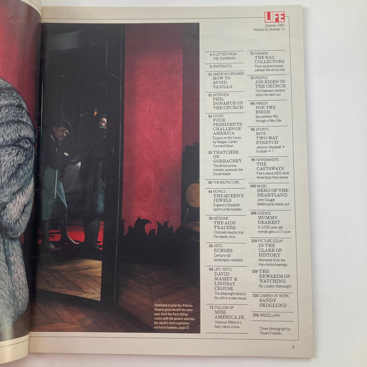 Inside spread of VTG Life Magazine October 1987, Vol 10 No. 11 featuring table of contents and highlights including Mikhail Gorbachev, political commentary, and cultural articles.