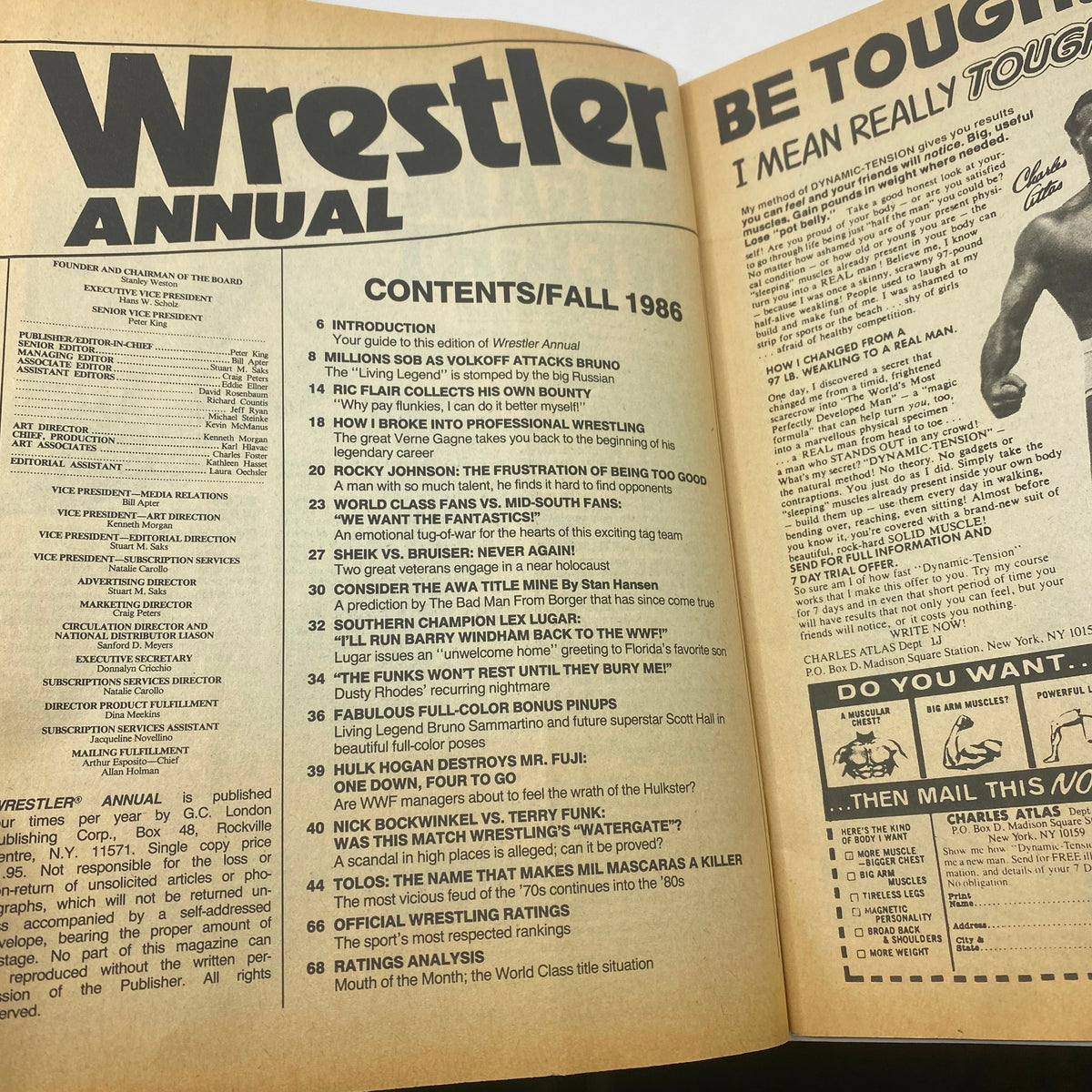 Inside page of the VTG Wrestler Annual Magazine Fall 1986, displaying contents list and articles related to wrestling, capturing the essence of wrestling culture in the 1980s.