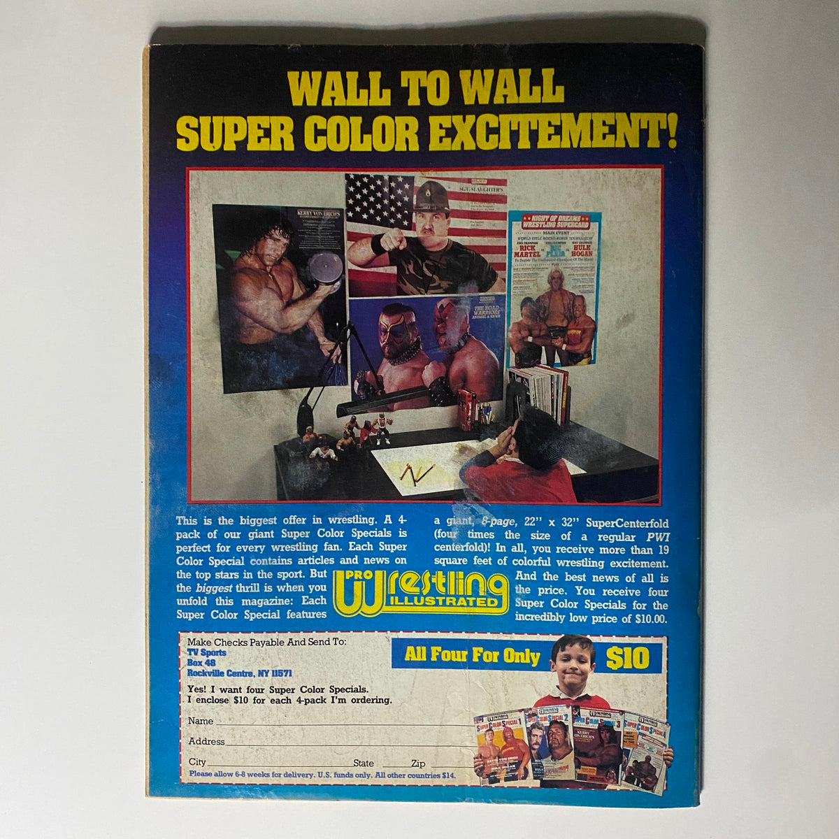Back cover of the VTG Wrestler Annual Magazine Fall 1986, promoting wrestling merchandise and color specials, emphasizing its appeal to wrestling fans.