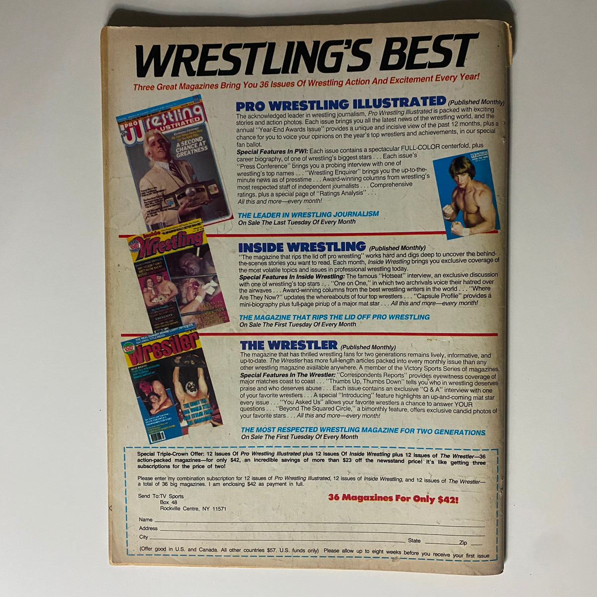 Back cover of the VTG Wrestler Annual Magazine Winter 1985 featuring advertisements for wrestling magazines such as Pro Wrestling Illustrated and Inside Wrestling, showcasing iconic wrestlers and subscription offers.