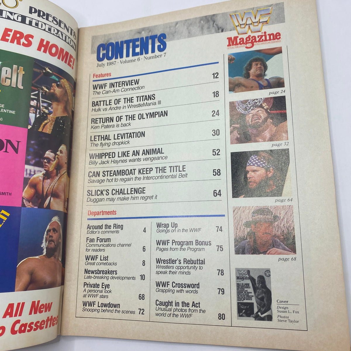 Contents page of the VTG WWF Wrestling Magazine July 1987, featuring key articles including Hulk Hogan vs Andre the Giant, WWF interview, and more.