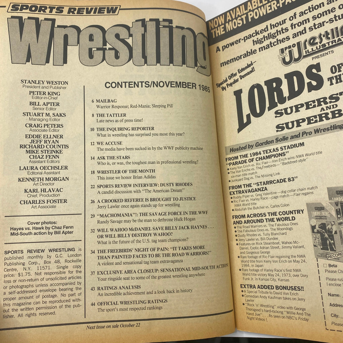 Vintage Sports Review Wrestling Magazine November 1985 Fabulous Freebirds No Label