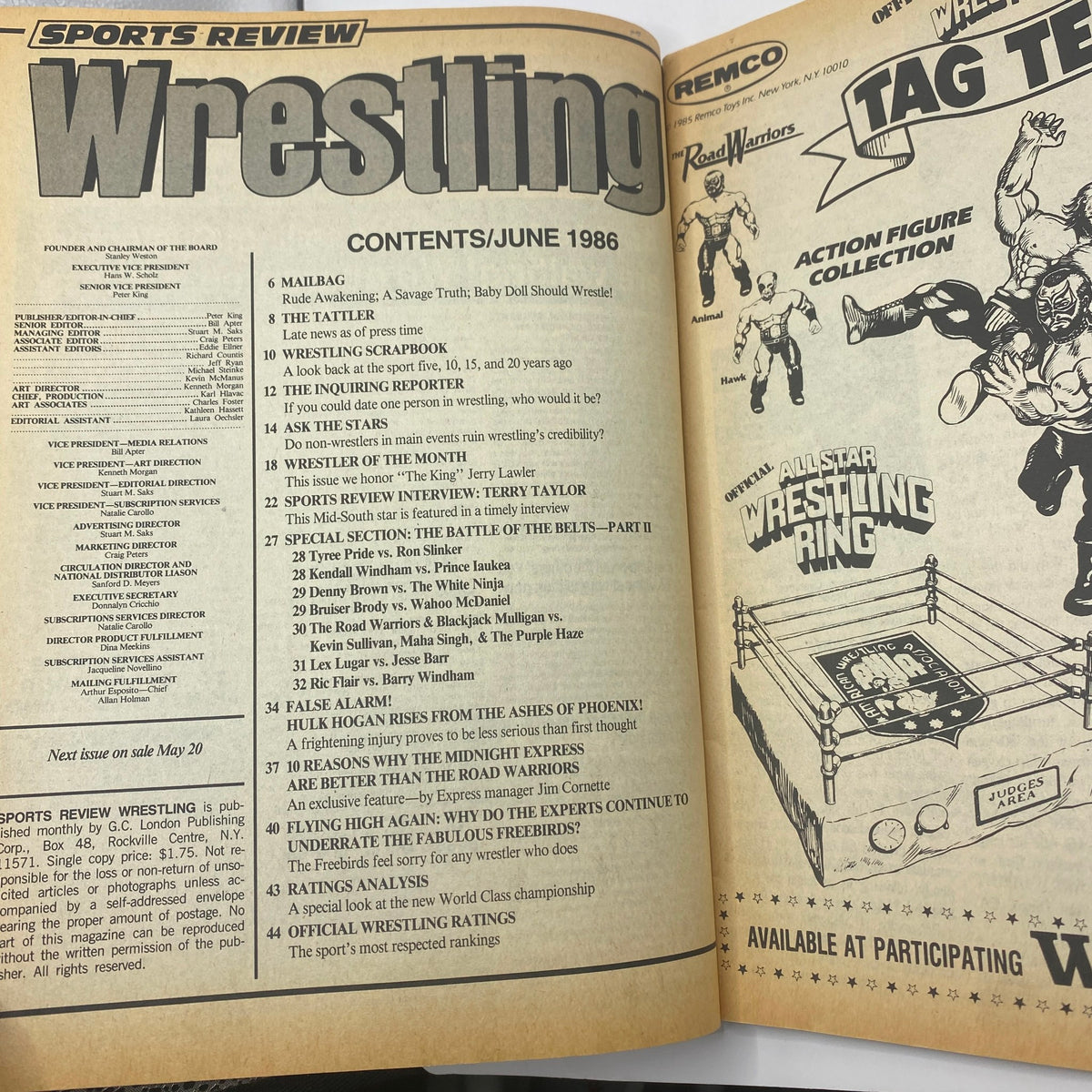 Interior page of VTG Sports Review Wrestling Magazine from June 1986, featuring the table of contents with articles about wrestling events, interviews, and notable wrestlers, highlighting Hulk Hogan's significance in wrestling history.