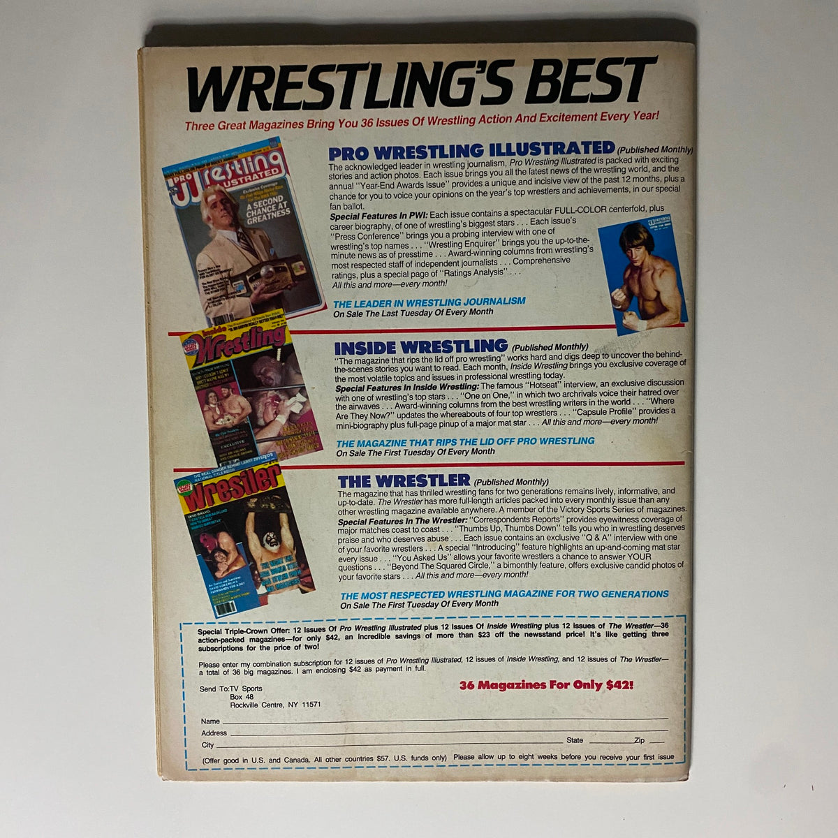 Back cover of VTG Sports Review Wrestling Magazine June 1986 promoting three wrestling magazines: Pro Wrestling Illustrated, Inside Wrestling, and The Wrestler, showcasing the importance of wrestling journalism.