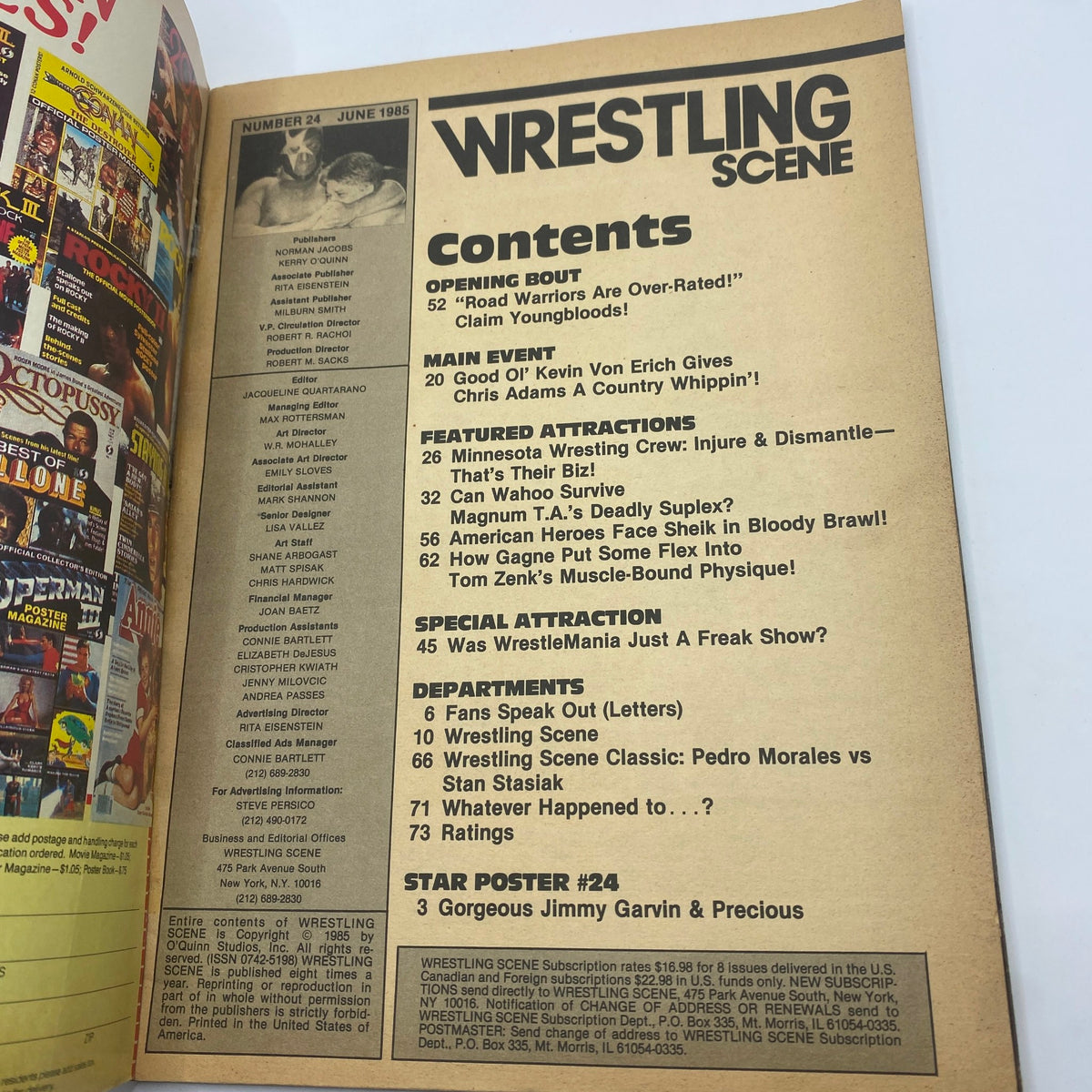Contents page of the June 1985 Wrestling Scene Magazine featuring Hulk Hogan and Roddy Piper, showcasing articles and features on wrestling events.