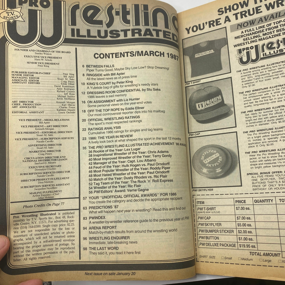 Interior page of Pro Wrestling Illustrated March 1987, displaying the contents list including notable articles and features on wrestling legends.