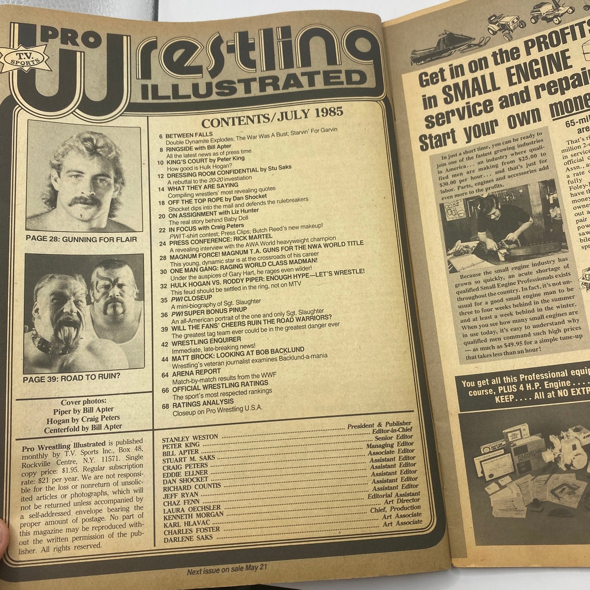 Interior page of Pro Wrestling Illustrated July 1985 displaying the contents list, highlighting featured articles, match reports, and wrestler profiles from that era.