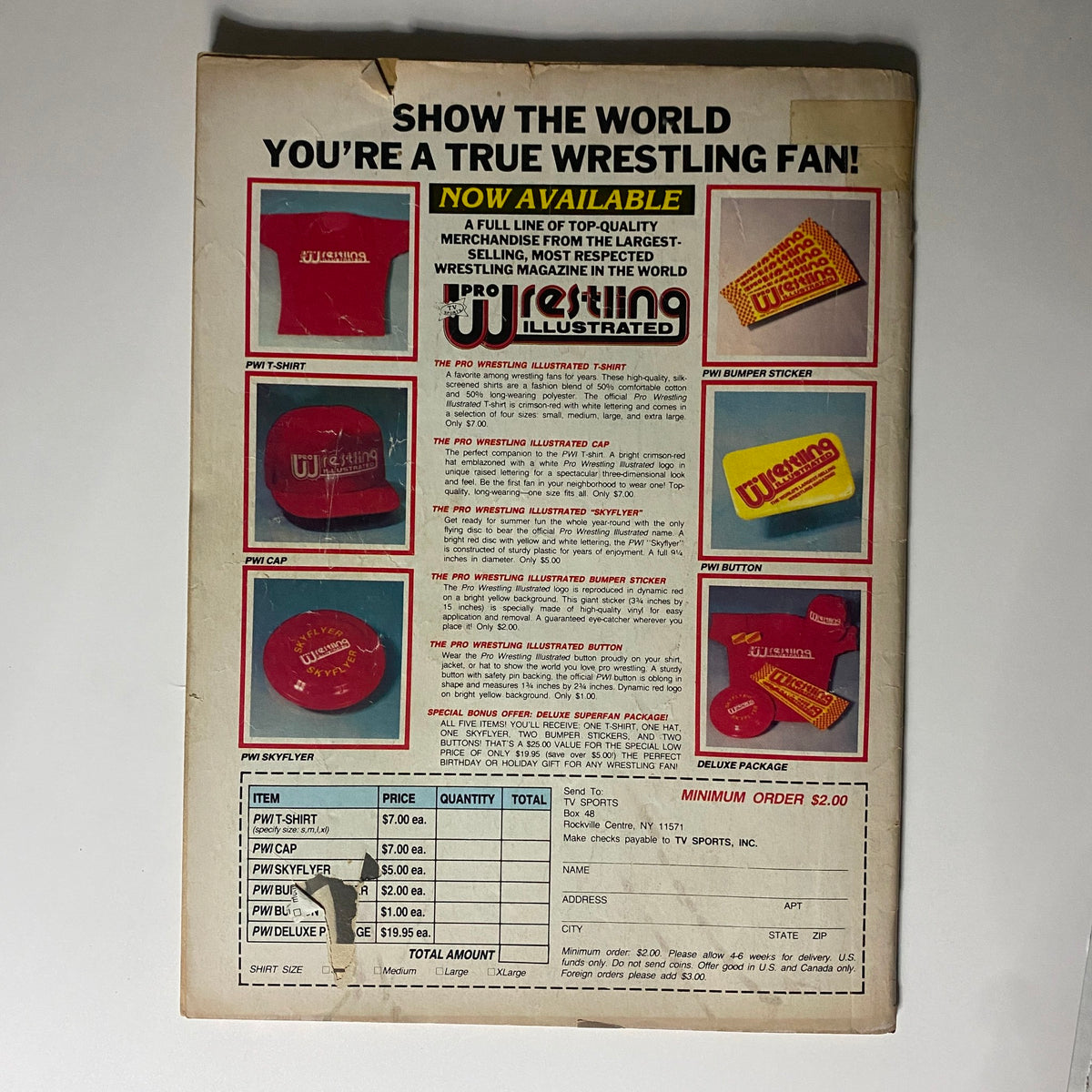 Back cover of Pro Wrestling Illustrated July 1985 featuring merchandise offerings and order form, promoting wrestling-themed apparel and accessories.
