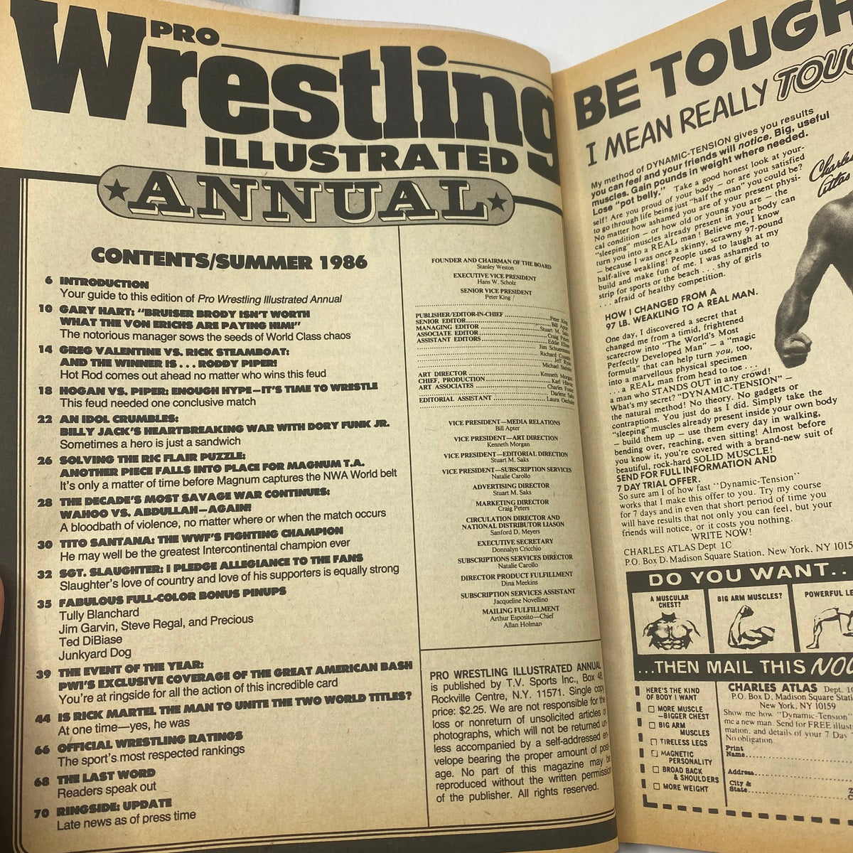 Contents page of the VTG Pro Wrestling Illustrated Summer 1986 issue, outlining articles and features including Hulk Hogan vs Roddy Piper.