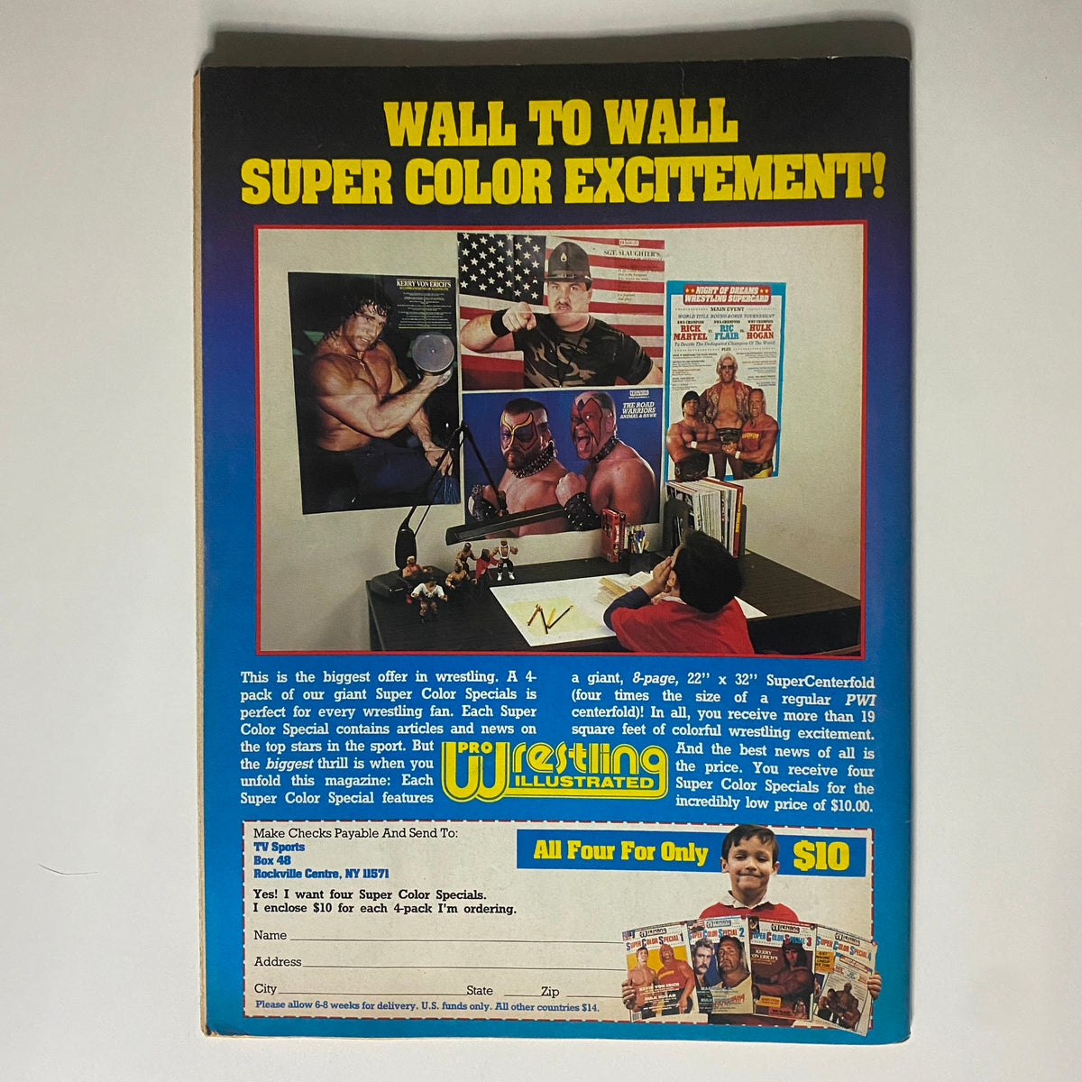Back cover of the VTG Pro Wrestling Illustrated Summer 1986 magazine featuring promotional offers and colorful wrestling imagery.